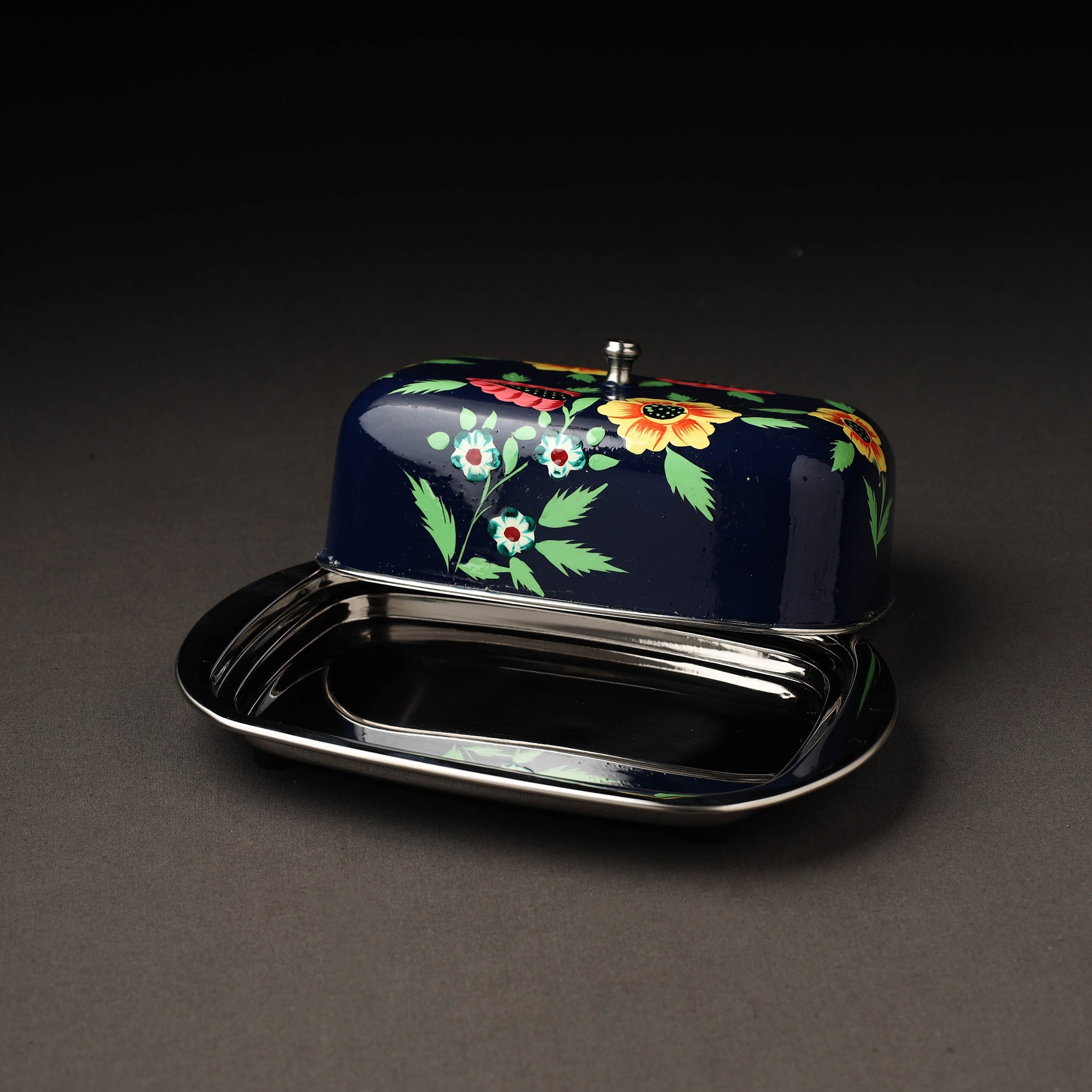 AAYAAS Black - Floral Handpainted Enamelware Stainless Steel Butter Dish (Capacity- 500Grams) - view 2