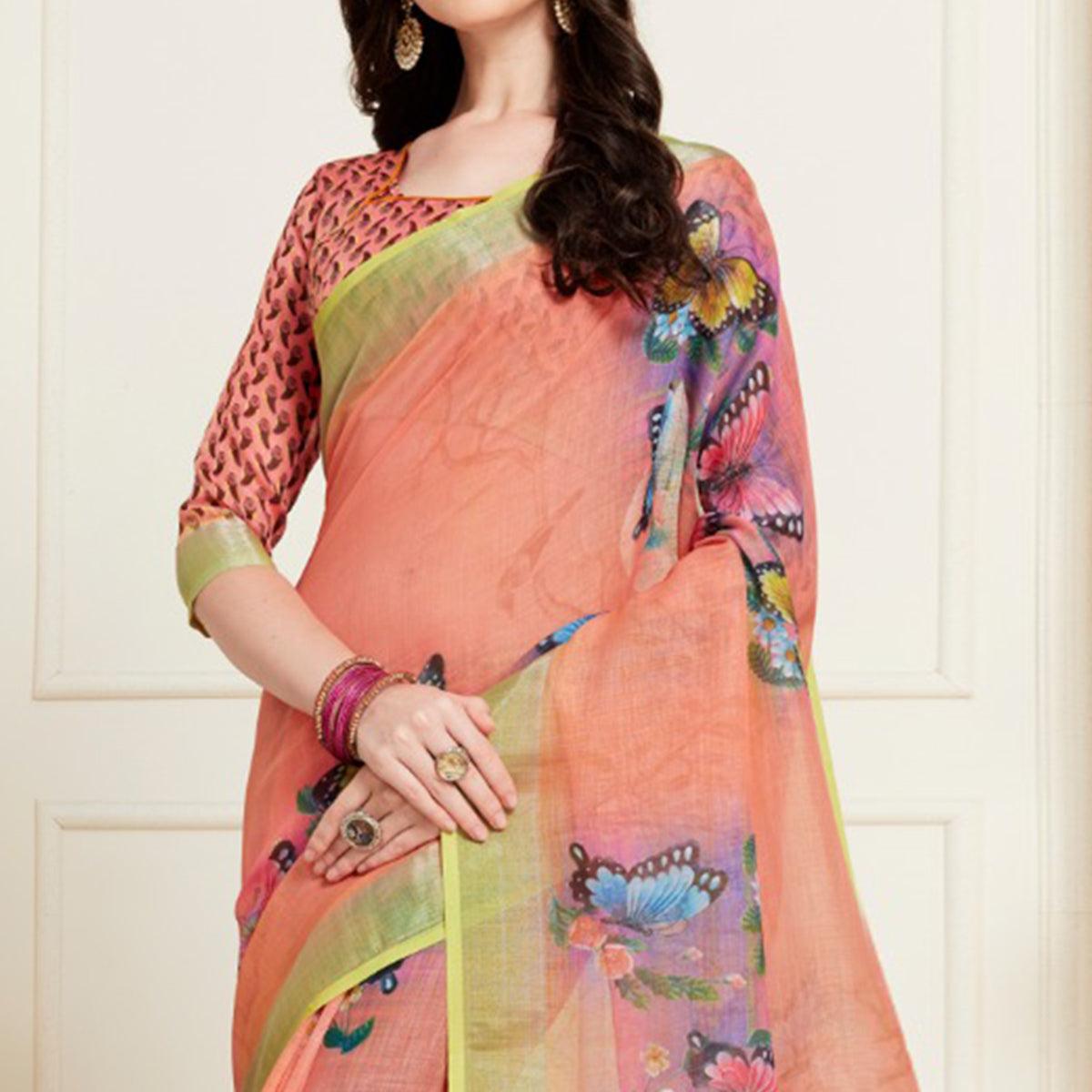 Peachmode Classy Peach Colored Casual Butterfly Digital Printed Linen Saree - view 2