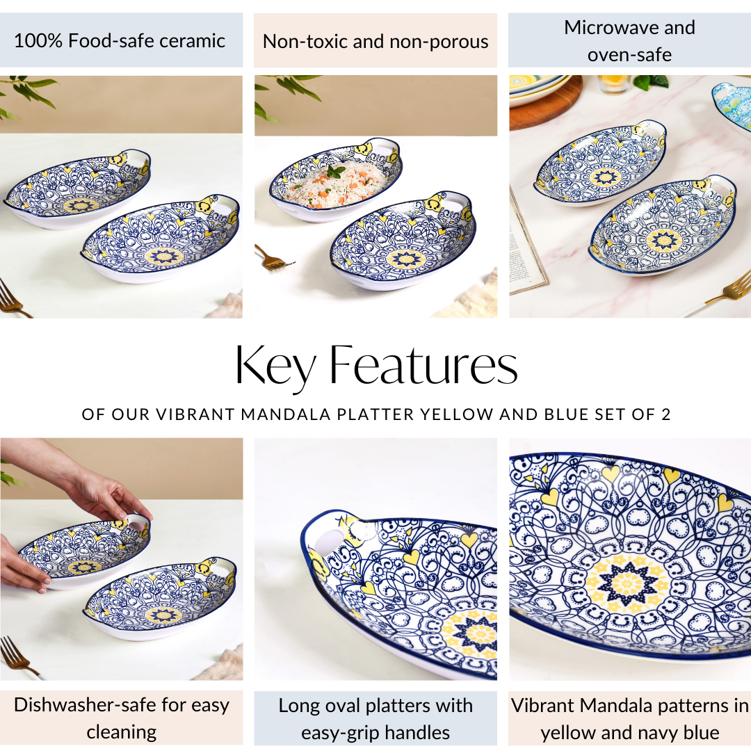 Nestasia Vibrant Mandala Platter Yellow And Blue Set Of 2 - view 5