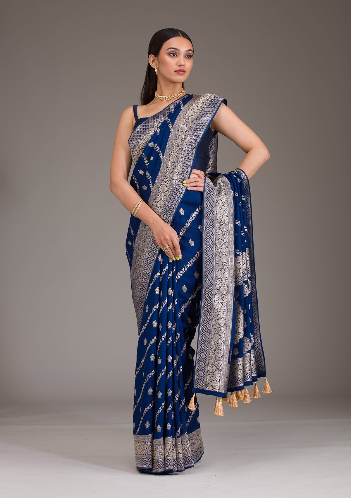 Koskii Navy Blue Zariwork Semi Crepe Saree – Women's