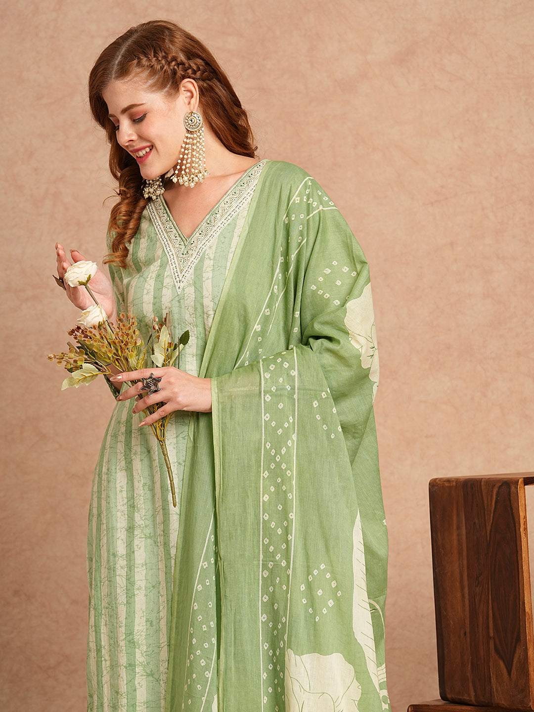 FASHOR Stripes Printed & Embroidered Kurta with Pant & Pure Cotton Dupatta - Green - view 3