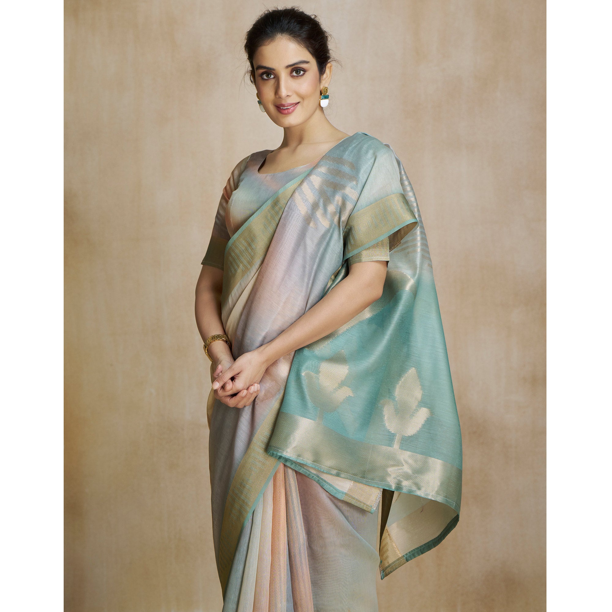 Peachmode Sea Green Digital Printed With Woven Pure Silk Ombre Saree - view 6