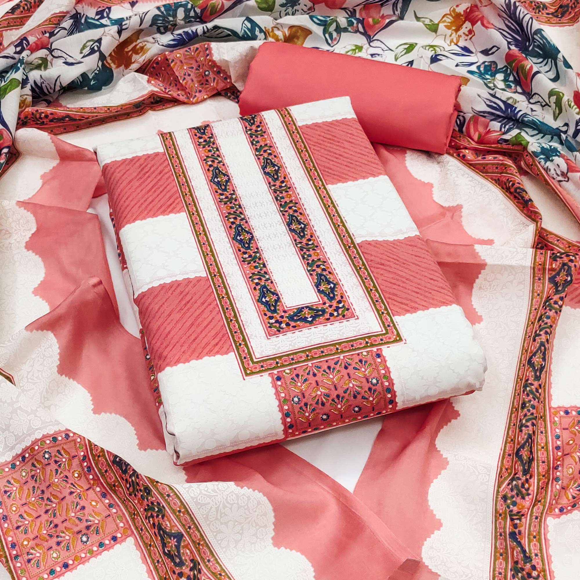 Peachmode Gajari Pink Floral Printed Pure Cotton Dress Material