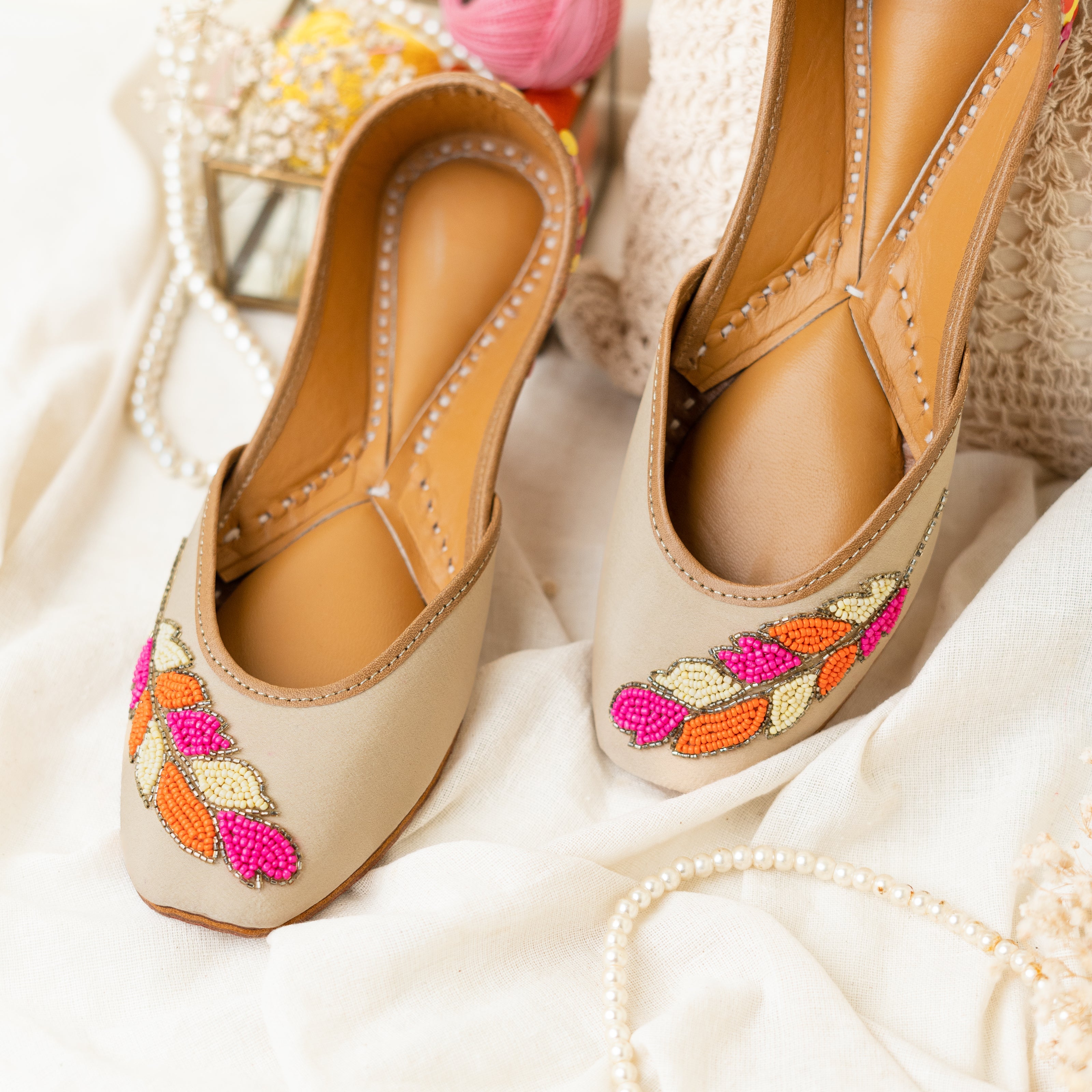 BlackTree Beige Sequins and Beaded Leaf Jutti - view 2