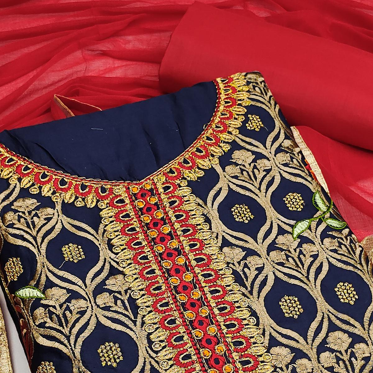 Peachmode Dark Navy Blue Festive Wear Floral Embroidered Cotton Dress Material - view 3
