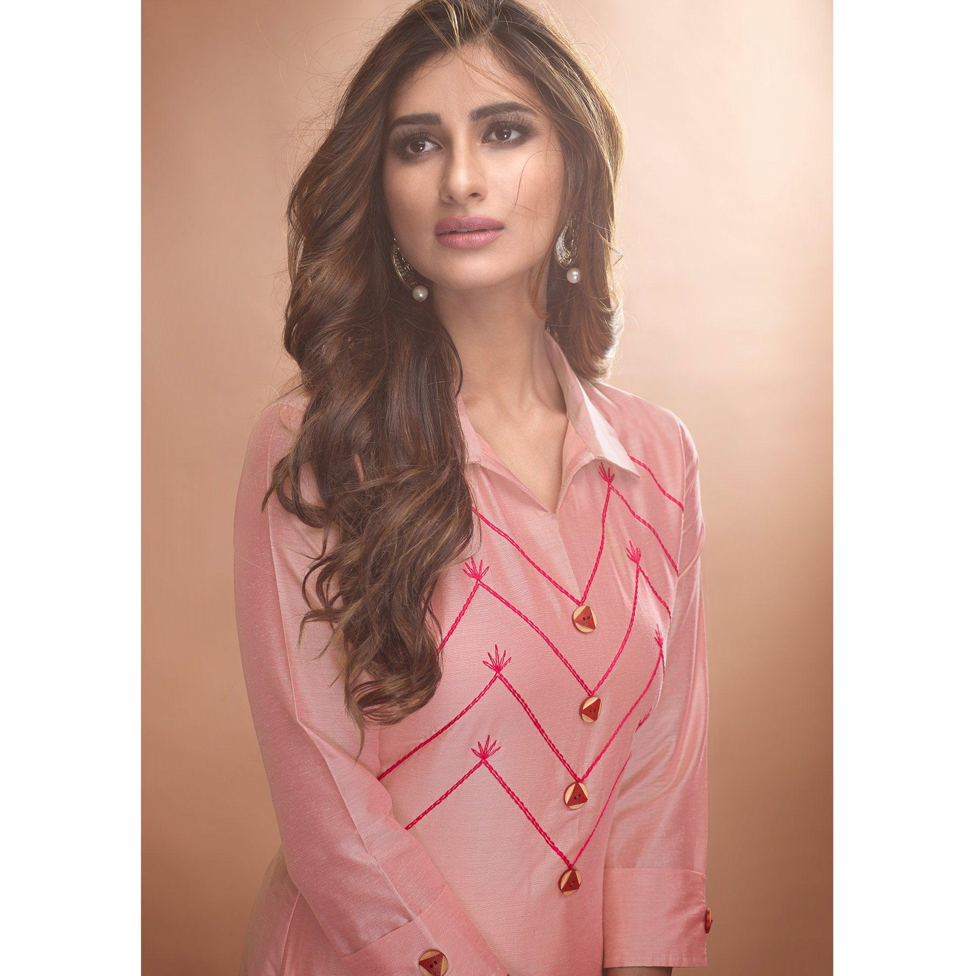 Peachmode Seller Captivating Pink Colored Partywear Embroidered Viscose Kurti - view 2