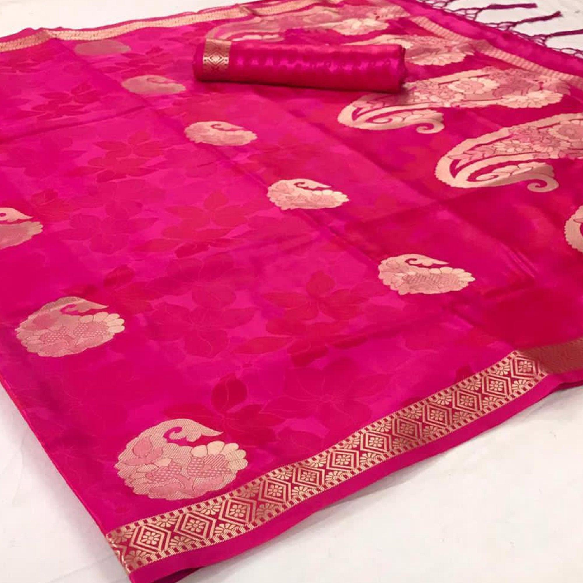 Peachmode Energetic Pink Colored Festive Wear Woven Pure Satin Silk Saree