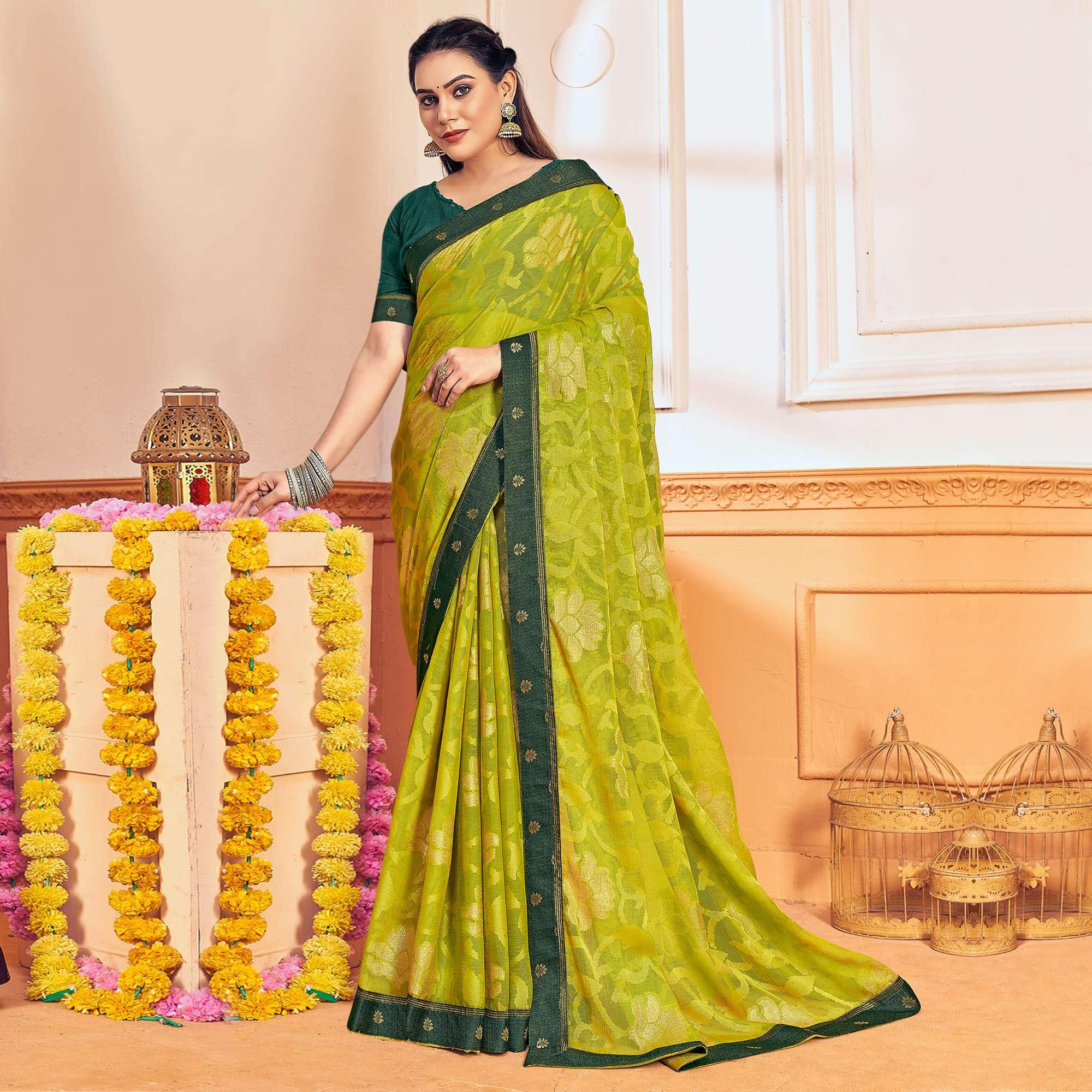 Peachmode Mint Green Woven Brasso Saree – Women's