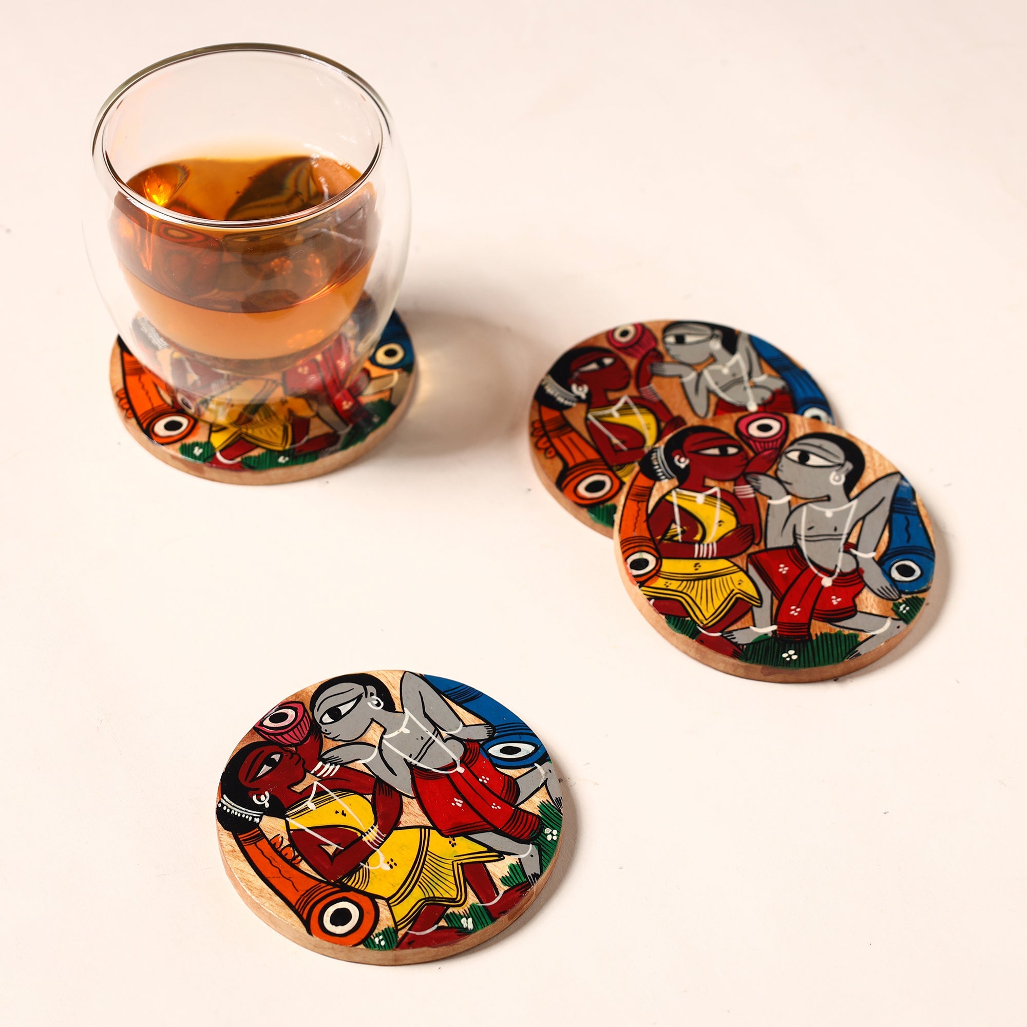 ITOKRI CRAFTS INITIATIVE Bengal Patua Handpainted Akashmoni Wooden Coasters (Set of 4) 33