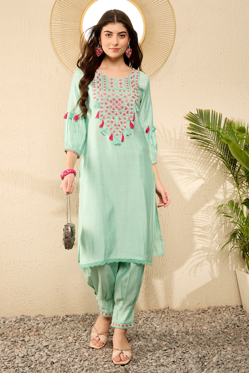 Ahika Sea Green Viscose Rayon Solid Embroidered Straight Salwar Kurta Set VKSET1528 - view 5