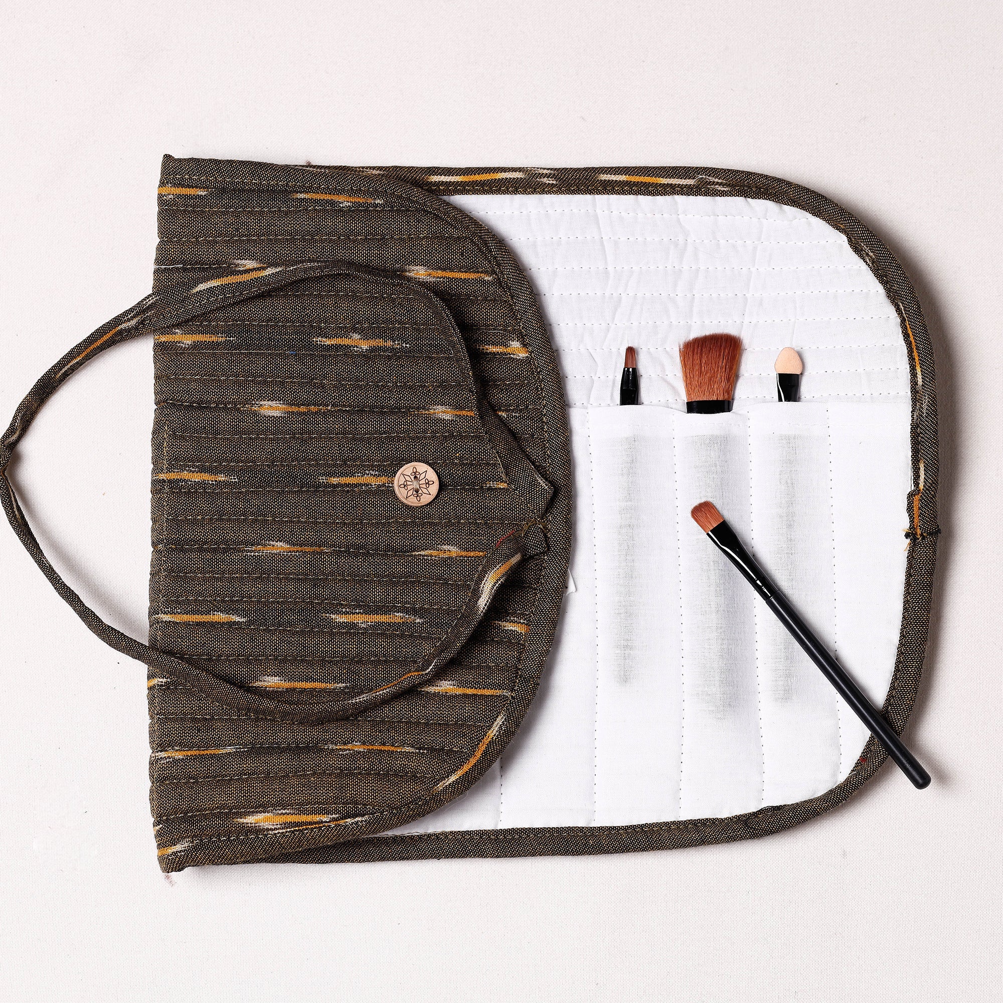 NOORI BAZAR Brown - Ikat Fabric Multipurpose Segmented Make-up Brush Wrap Pouch/Case