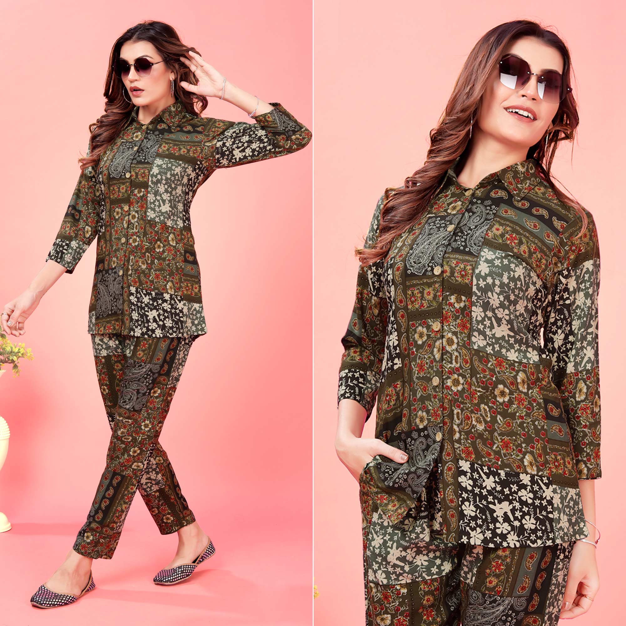 Peachmode Seller Brown Floral Printed Rayon Co Ord Set