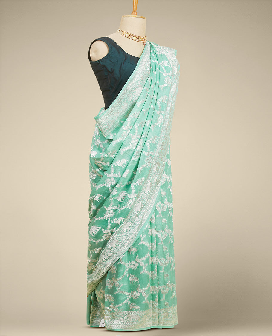 Pothys Green leaf motifs banaras georgette saree with traditional zari border - view 2