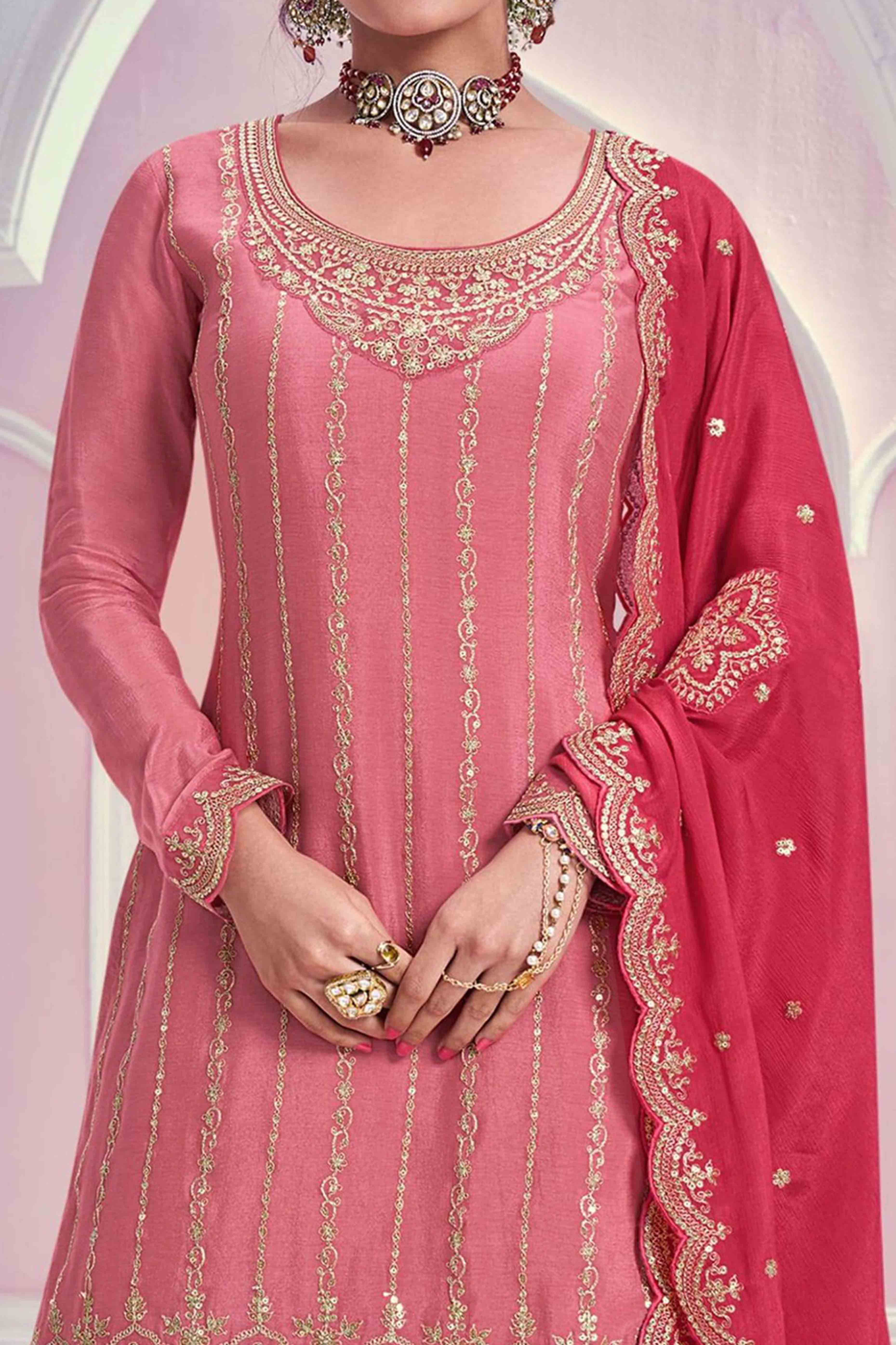 Peachmode Seller Gajari Pink Sequins Embroidered Chinon Sharara Suit - view 2