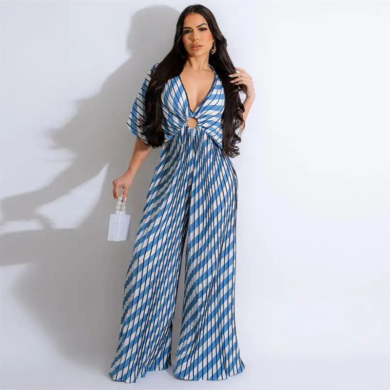 Alamode By Akanksha Creta Striped Jumpsuit In Blue