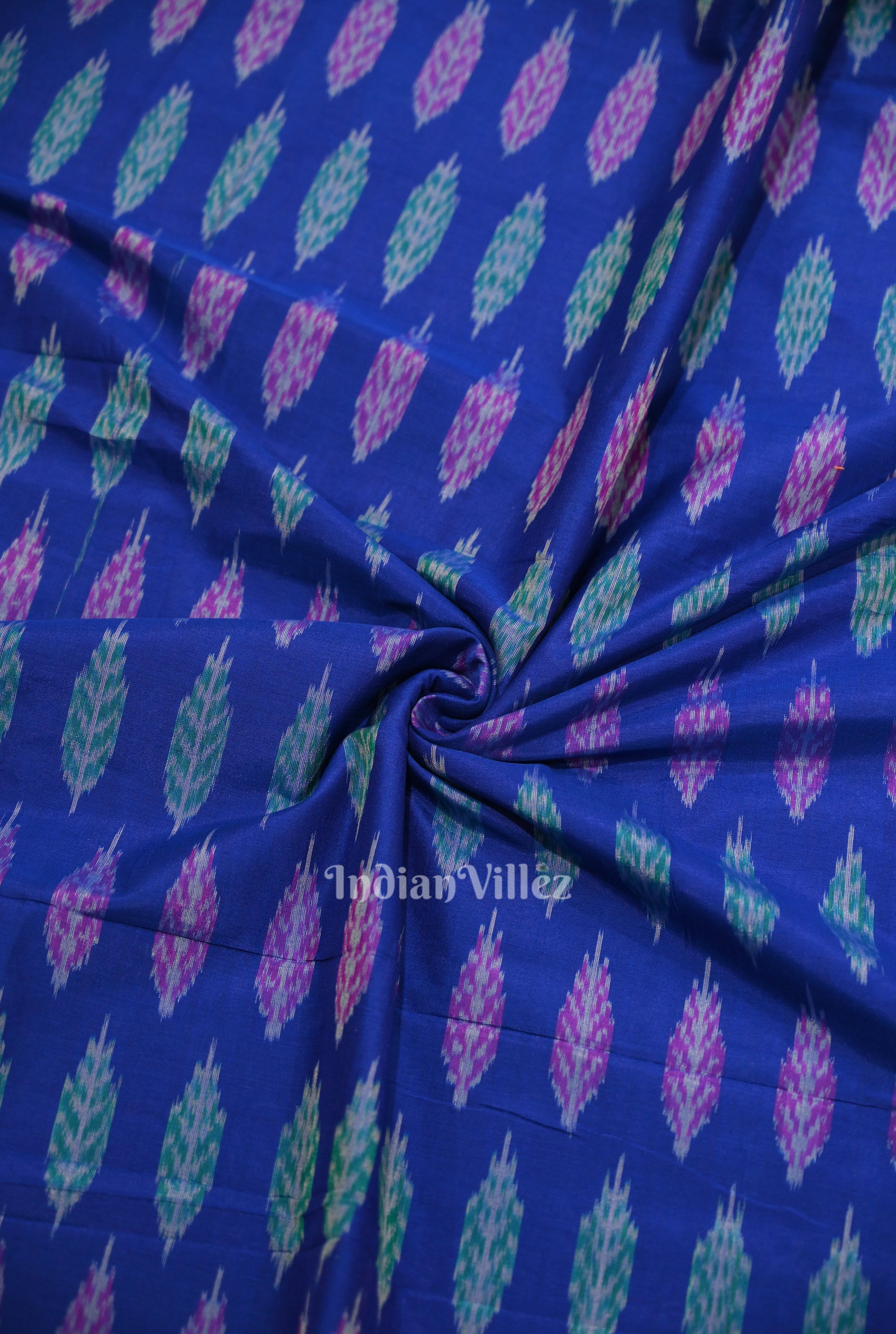 Cotton sico fabric – IndianVillèz Blue Leaf Motif Pochampally Ikat Silk & Cotton (Sico) Fabric