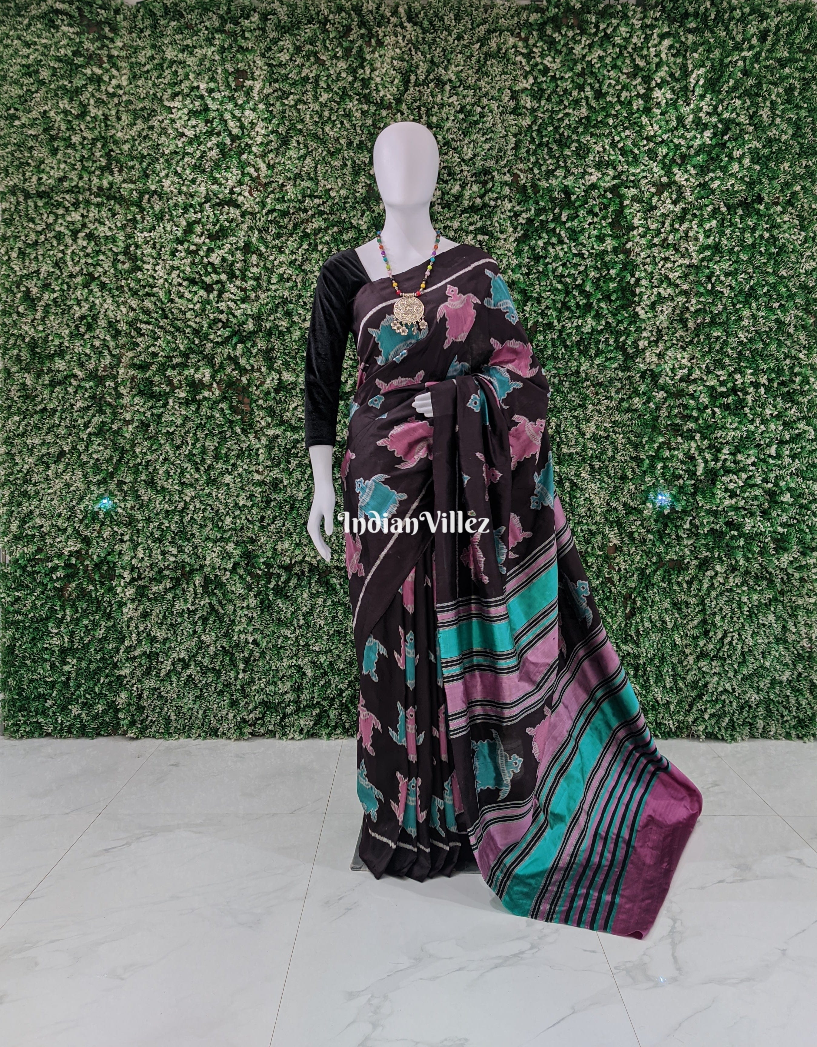 IndianVillèz Black Tortoise Theme Odisha Handloom Contemporary Silk Saree