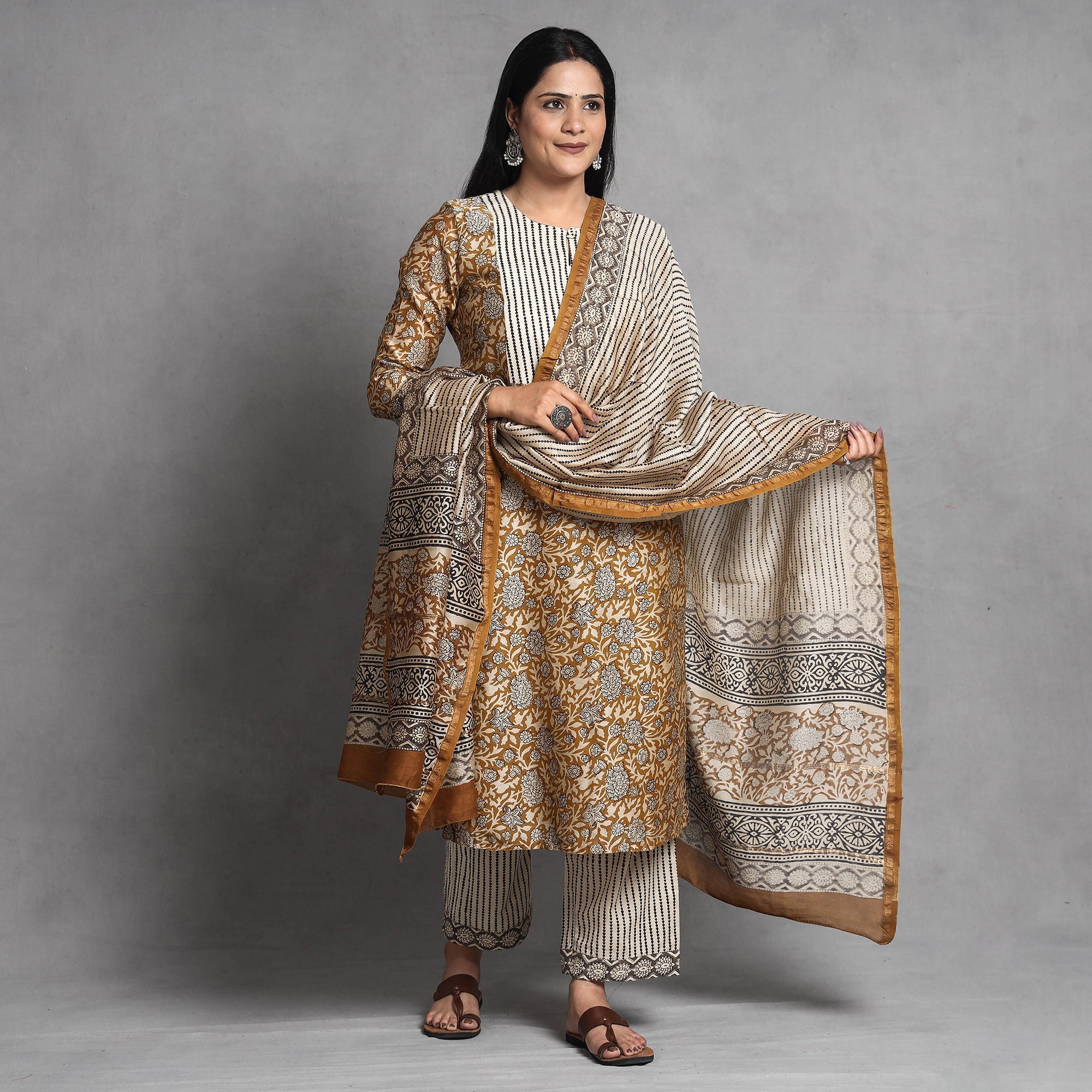 ITOKRI CASUALS Brown - Bagru Block Printed Chanderi Silk Kurta with Palazzo & Dupatta Set - view 2