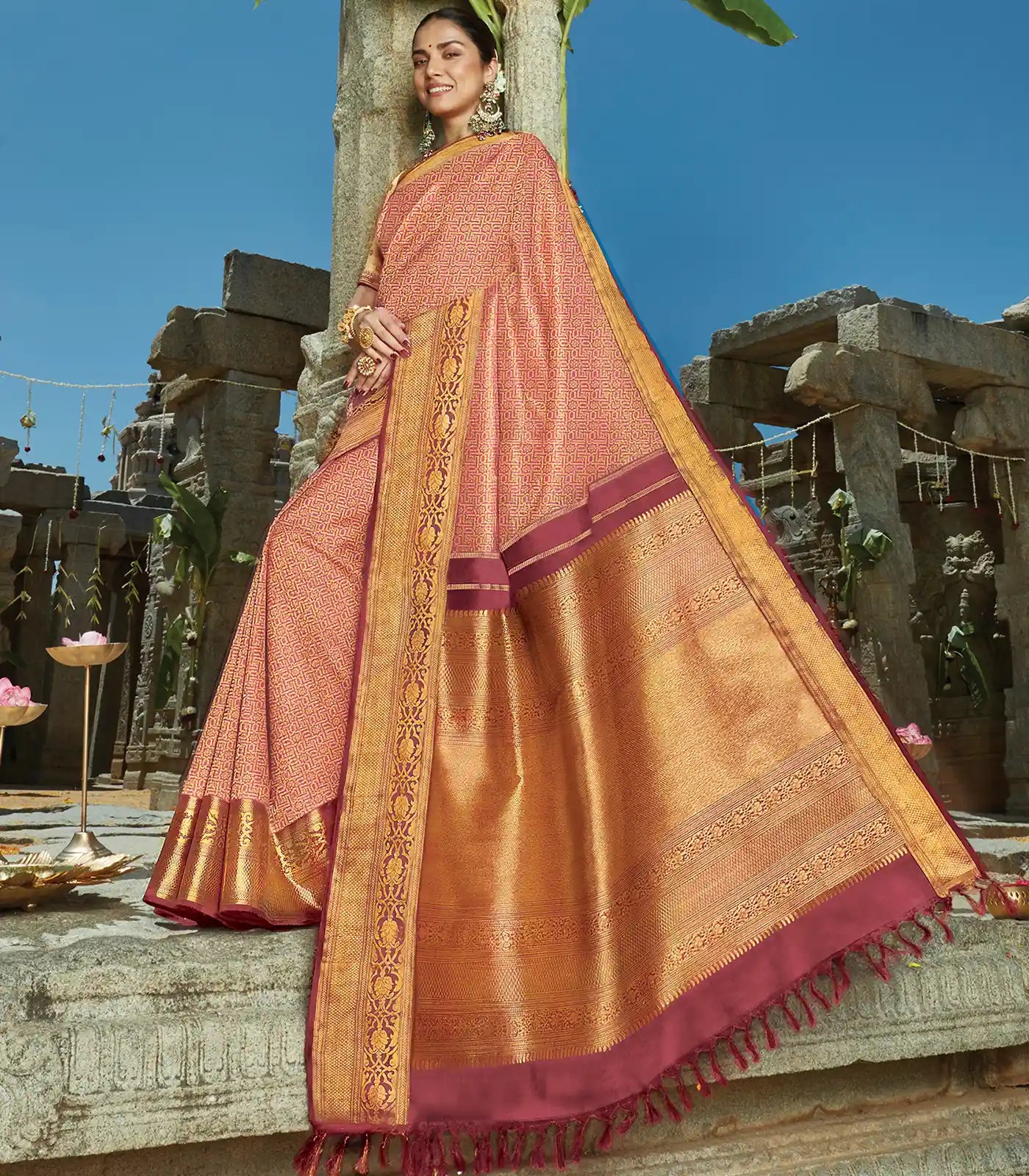 RmKV Pink Handloom Natural Dyed Swastik Kamalam Motif Kanchipuram Tissue Silk Saree