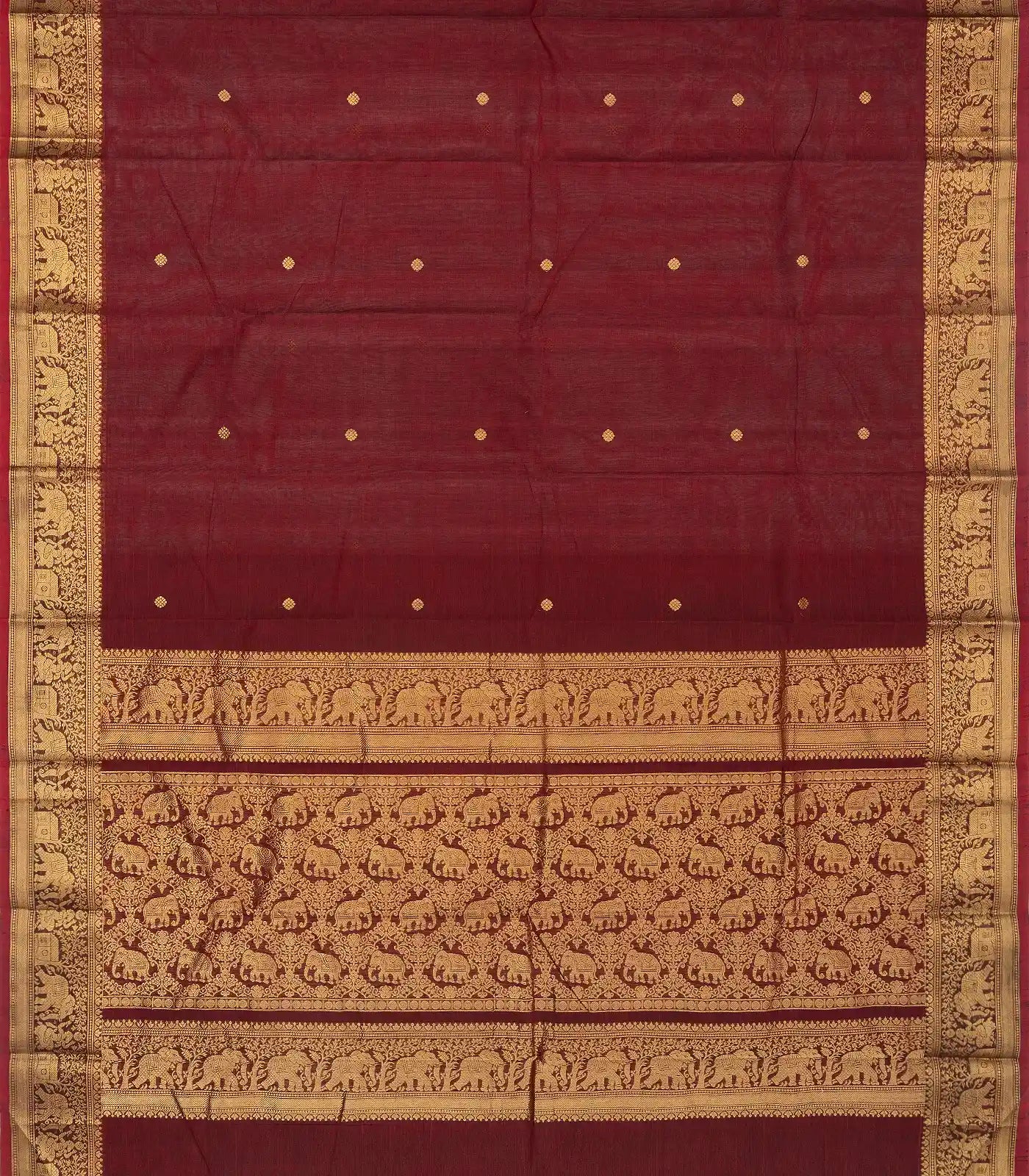 RmKV Crimson Handloom Kanchi Cotton Saree With Elephants, House and Lady Motifs in Border - view 5