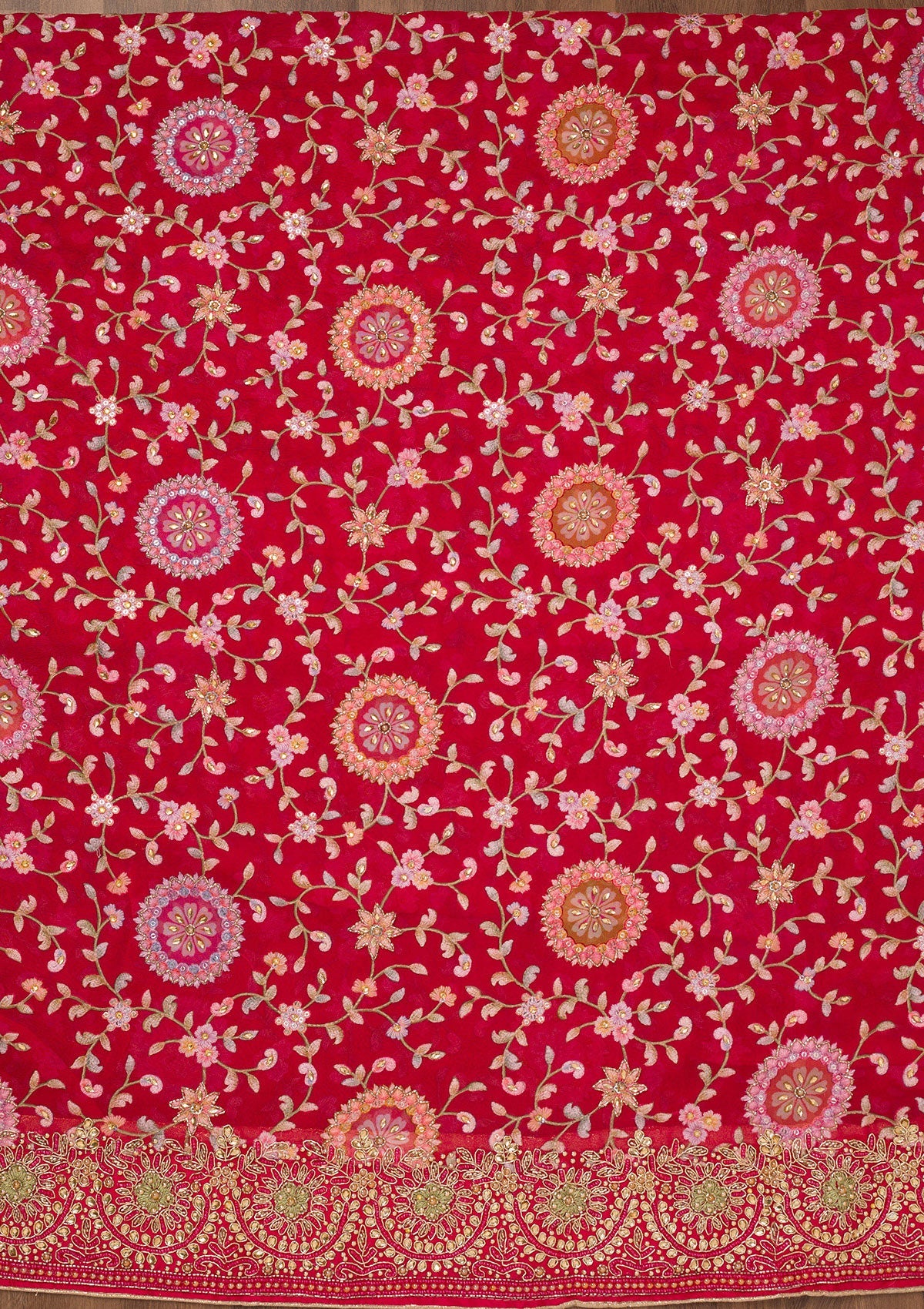 Koskii Red Threadwork Semi Crepe Unstitched Salwar Suit - view 4