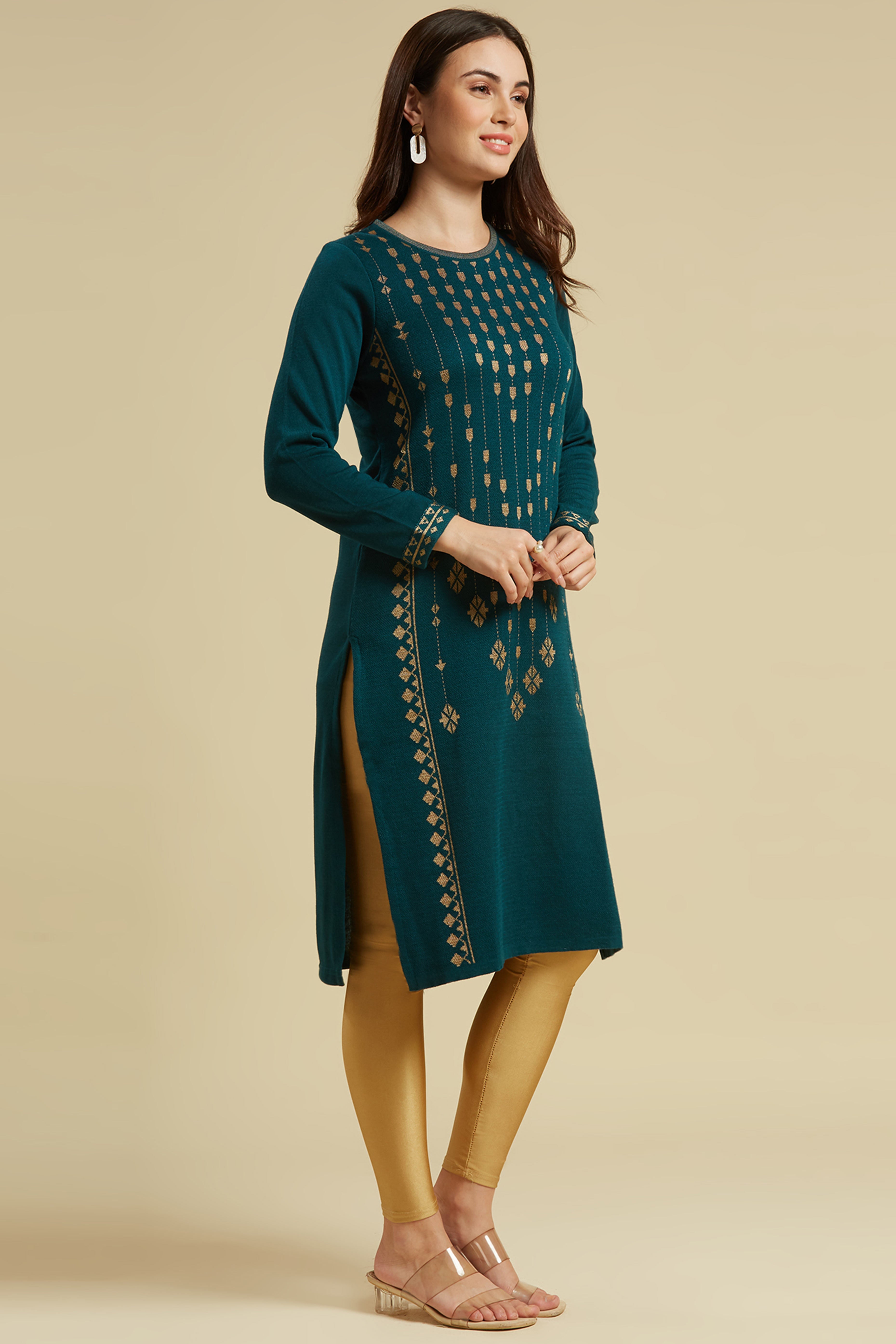 Peachmode Dark Teal Floral Woolen Top Bottom Set - view 5