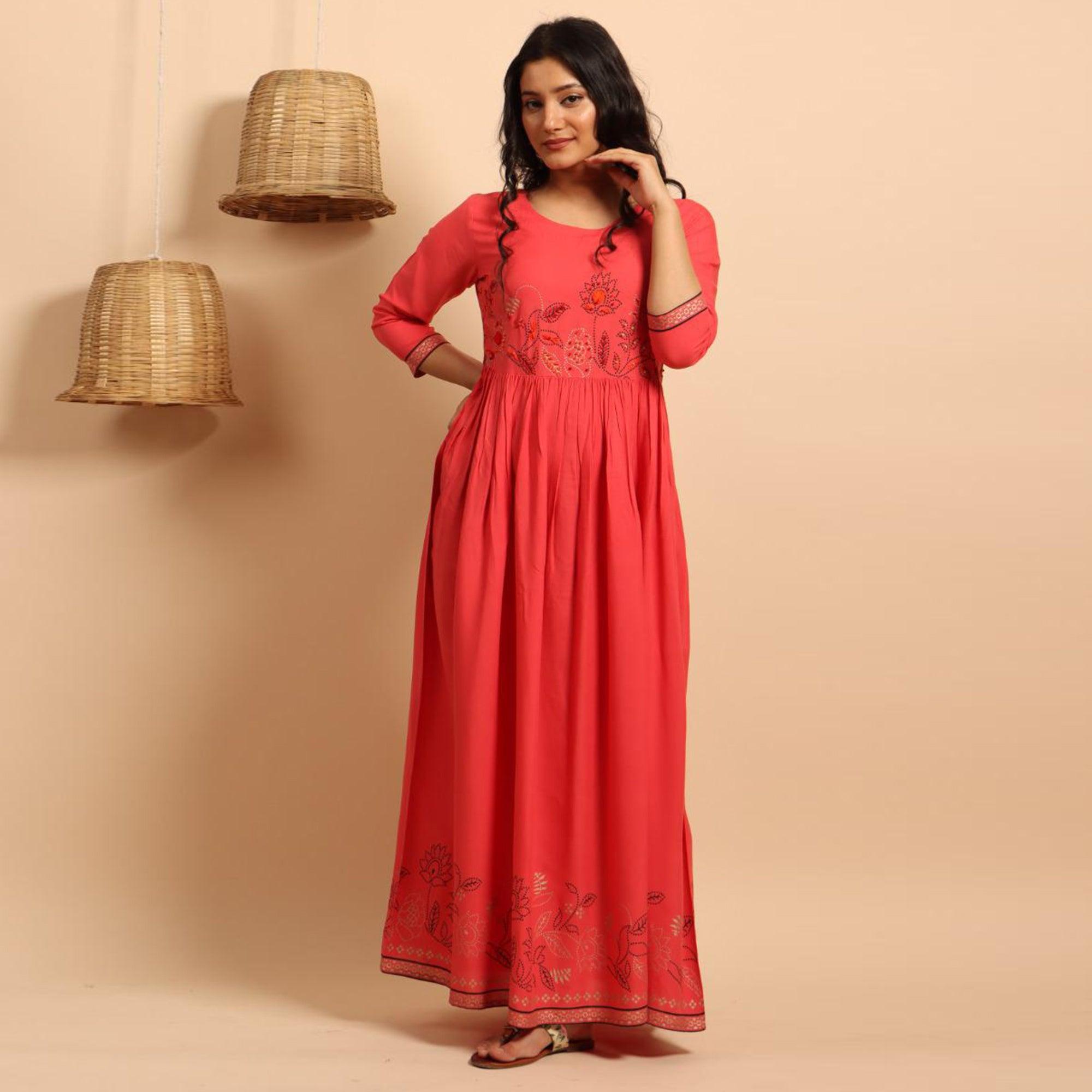Peachmode Mesmerising Pink Colored Partywear Embroidered Rayon Long Kurti