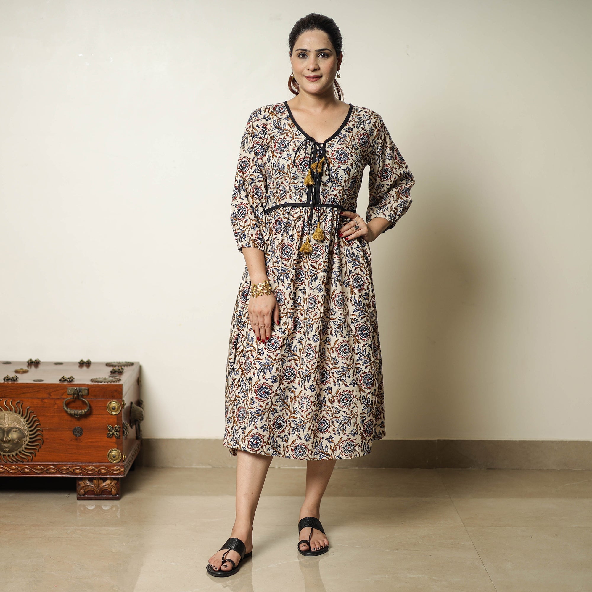 ITOKRI CASUALS Beige - Bagru Block Printed Cotton Flared Dress 16