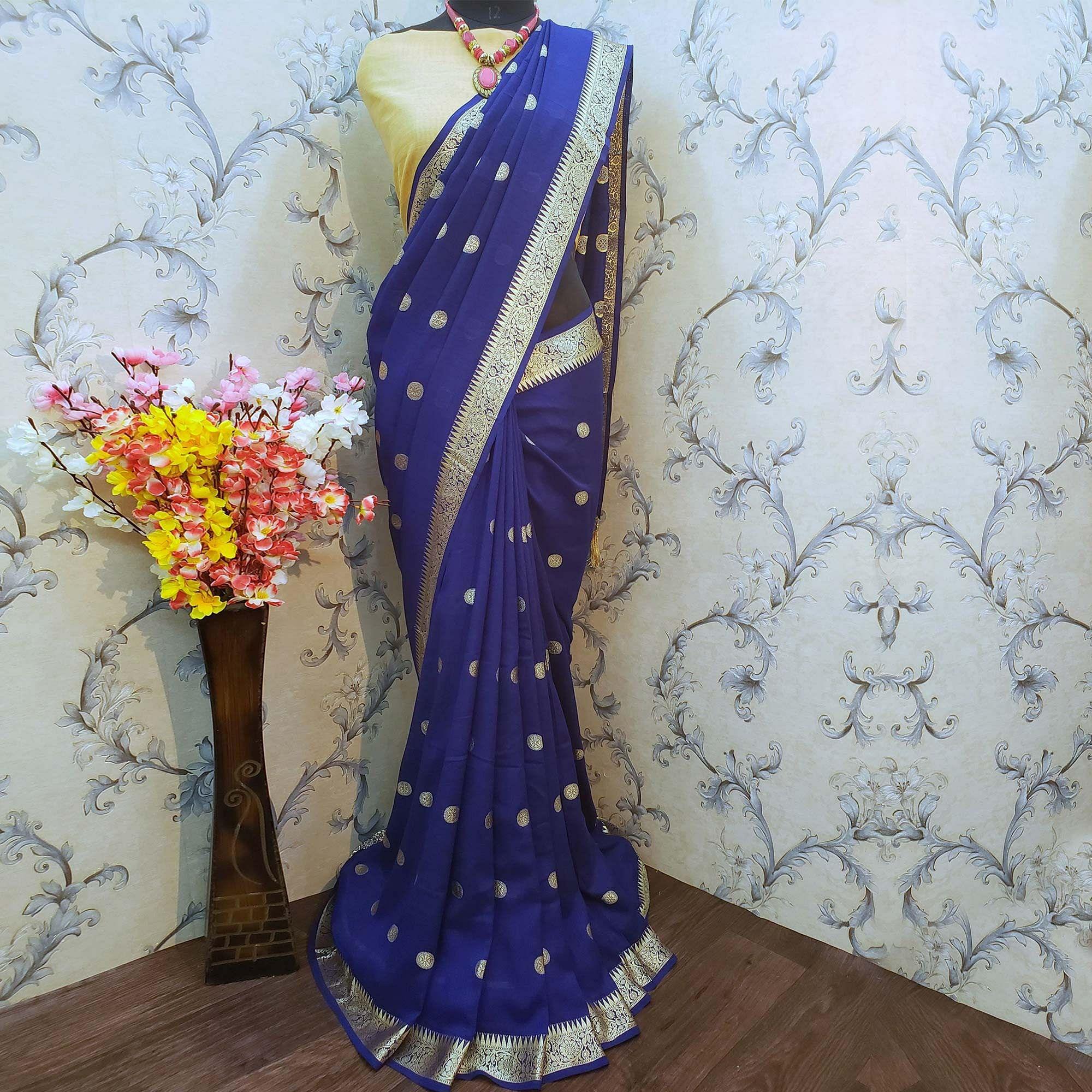 Peachmode Ethnic Navy Blue Colored Festive Wear Woven Vichitra Silk Saree