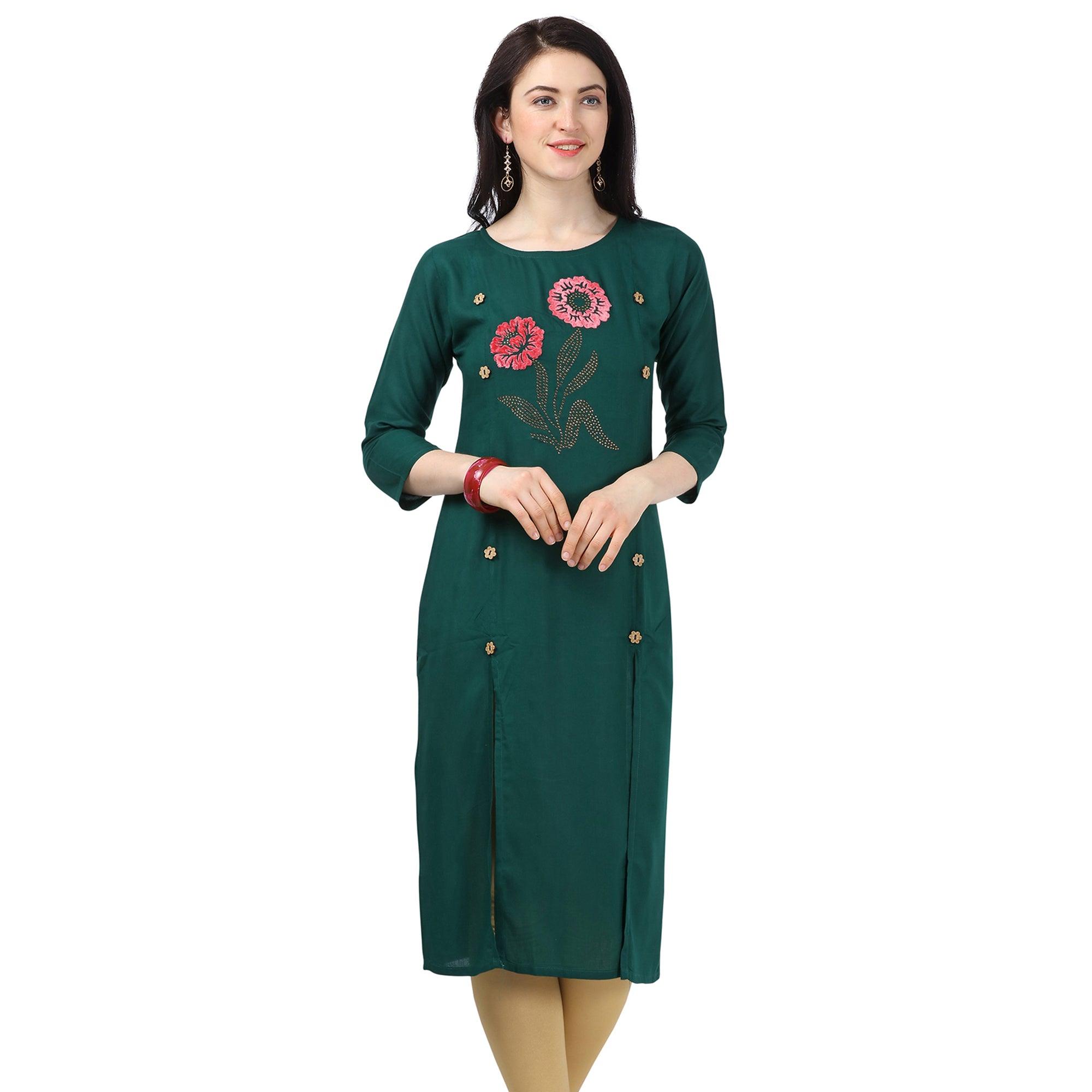 Peachmode Seller Ideal Green Colored Partywear Embellished Rayon Kurti