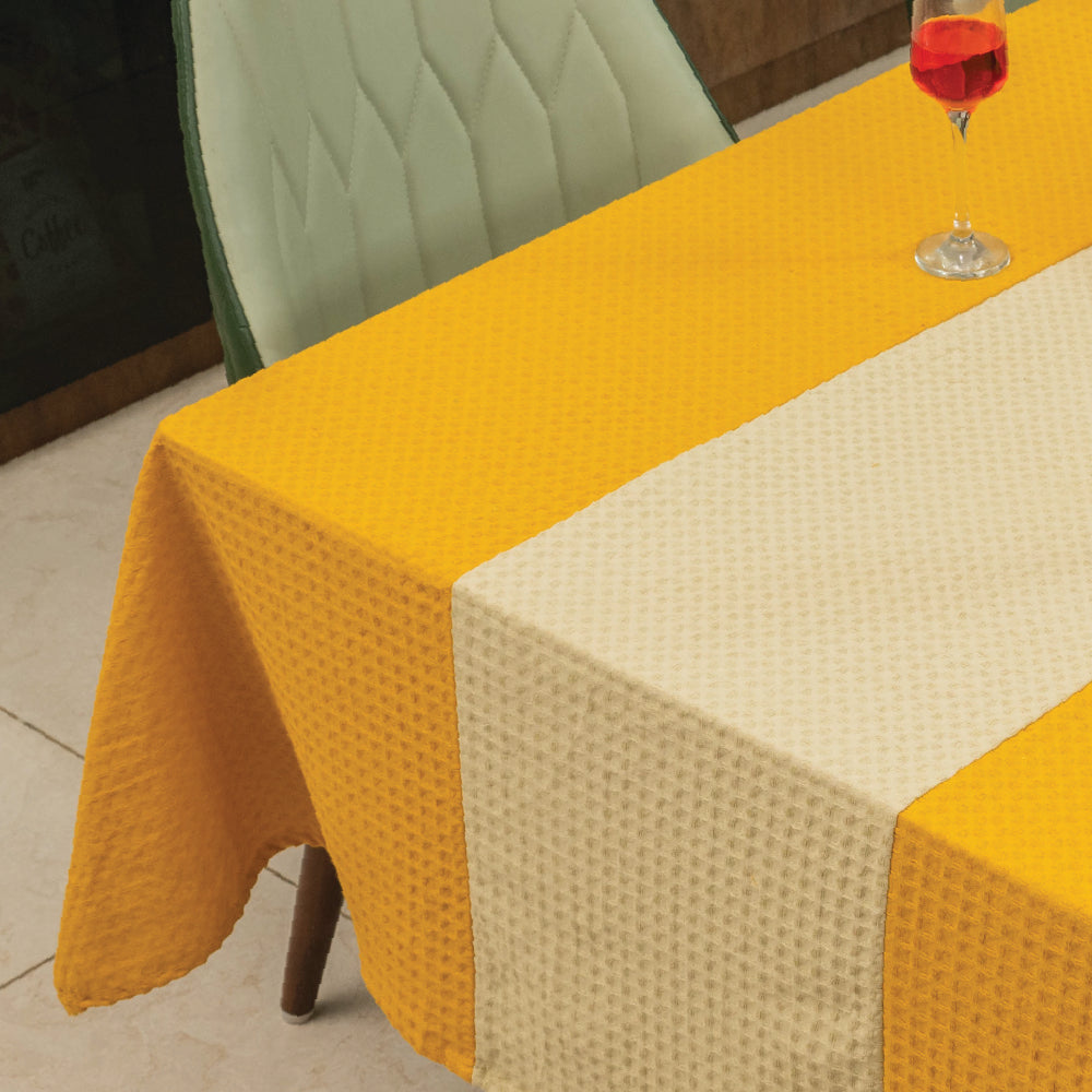 100 cotton waffle – Urban Space Home Furnishing 100% Cotton Waffle Weave Dining Table Cover, Table Cloth with Panelled design - Mustard & Beige