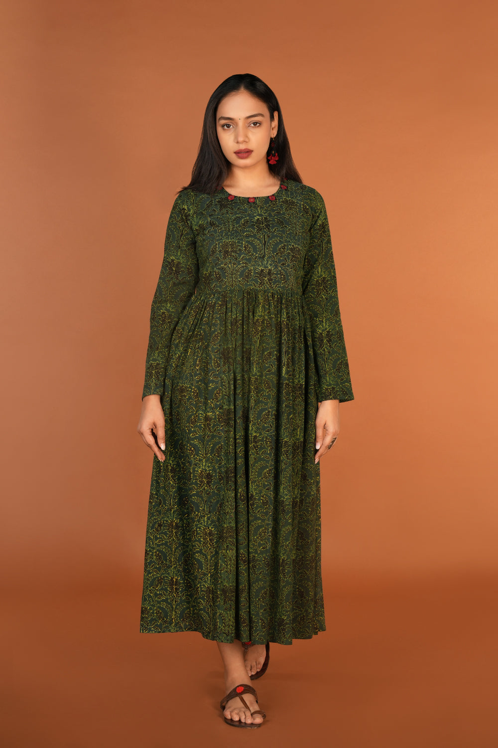 Kalanjali Ethnics Forest green Ajrak handblock printed long ethnic dress