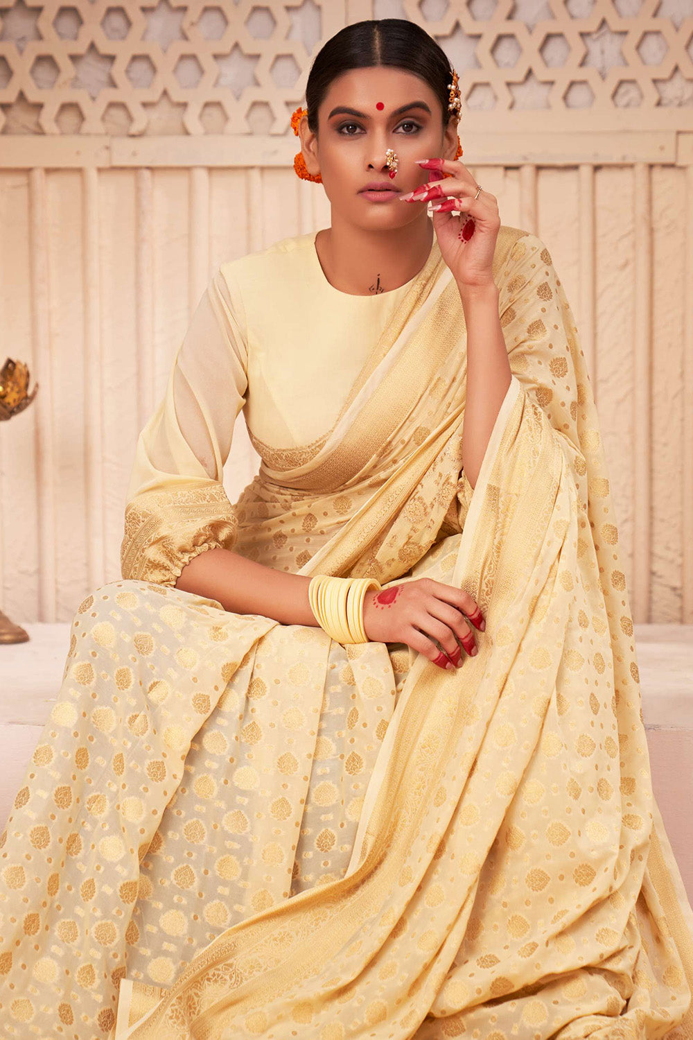 FB001 Off-White Georgette Saree – Women's - view 2