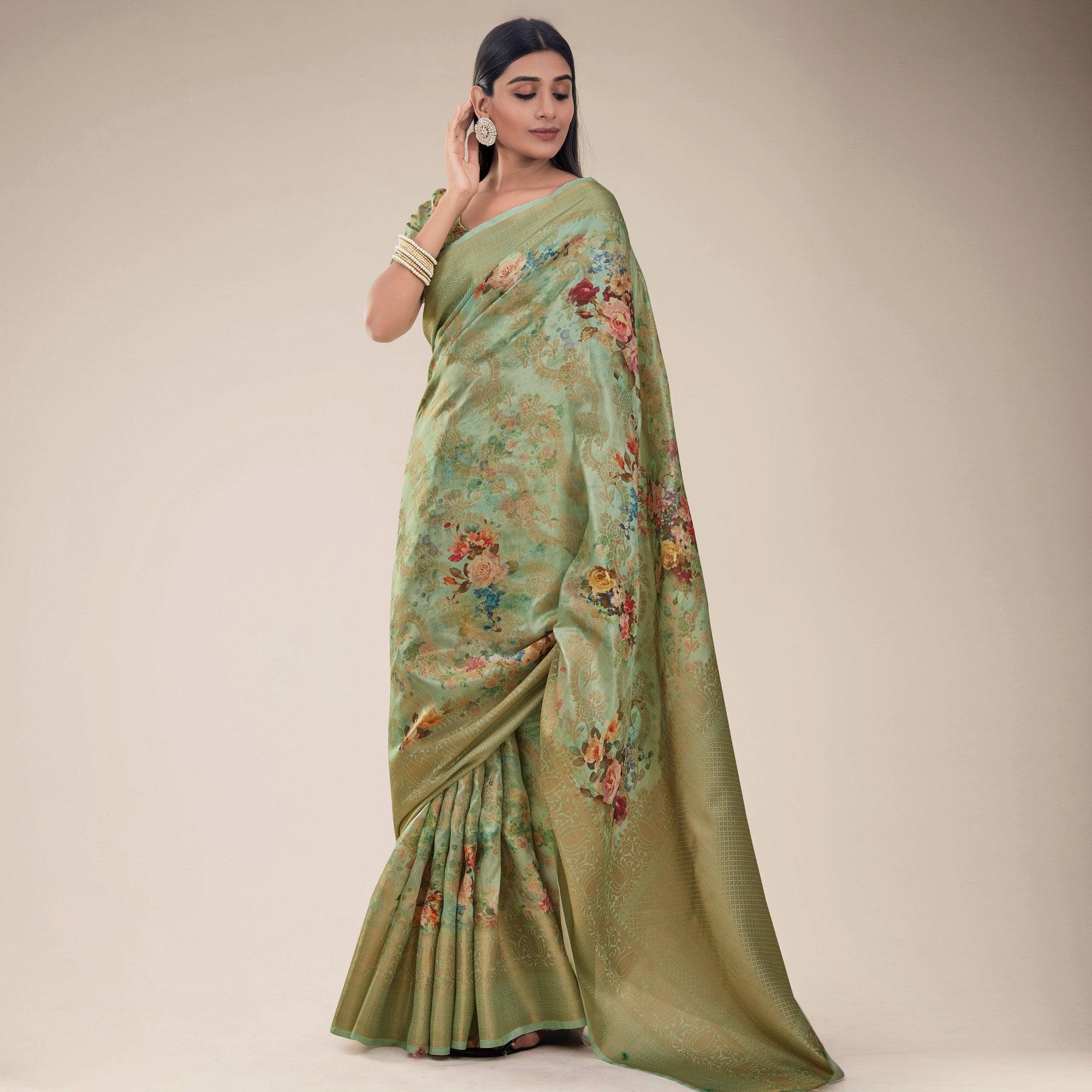 Peachmode Mehndi Green Festive Wear Floral Printed Jacquard Designer Handloom Silk Saree
