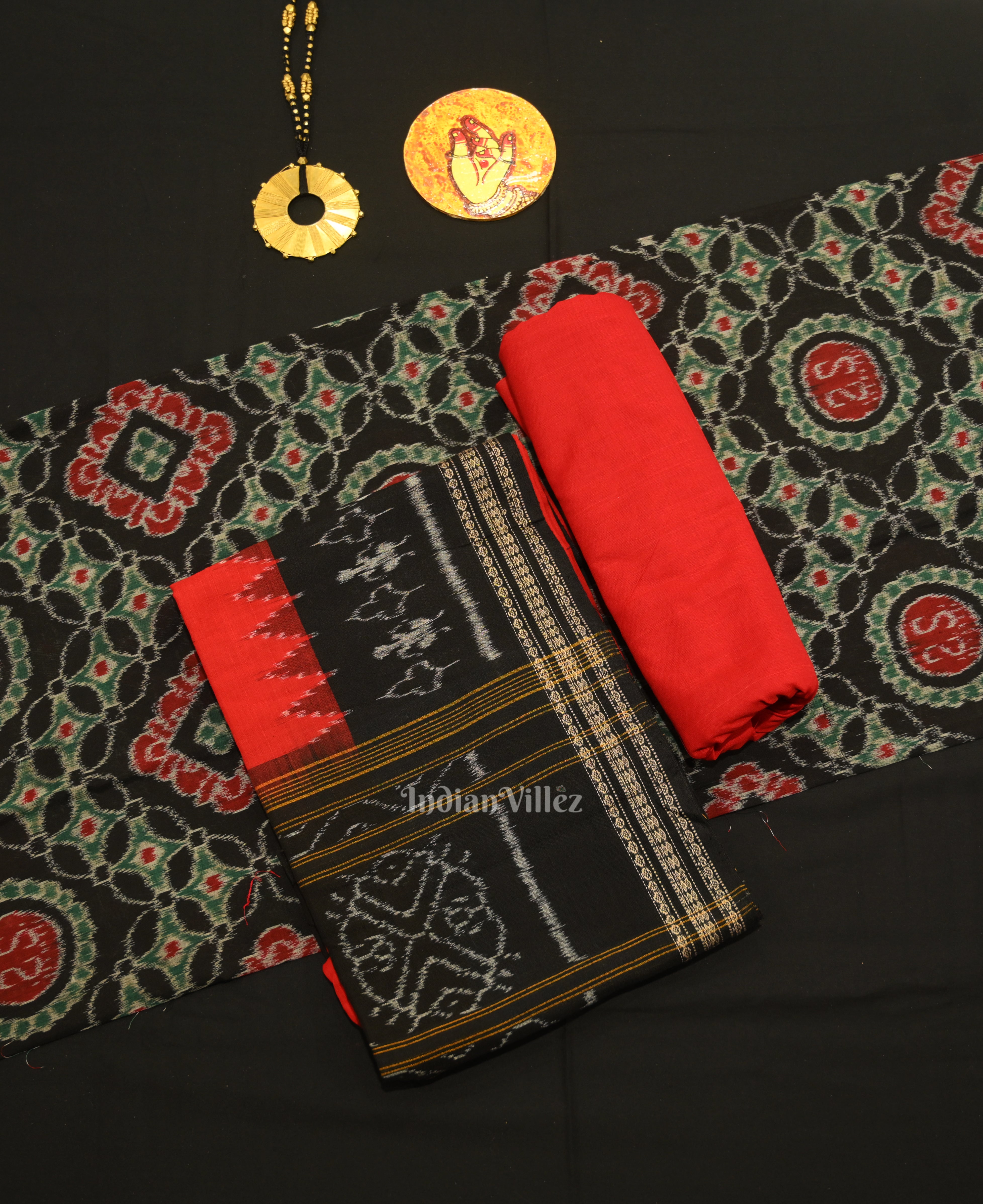 IndianVillèz Black Red Jhoti Theme Odisha Ikat Sambalpuri Dress Set & Dupatta