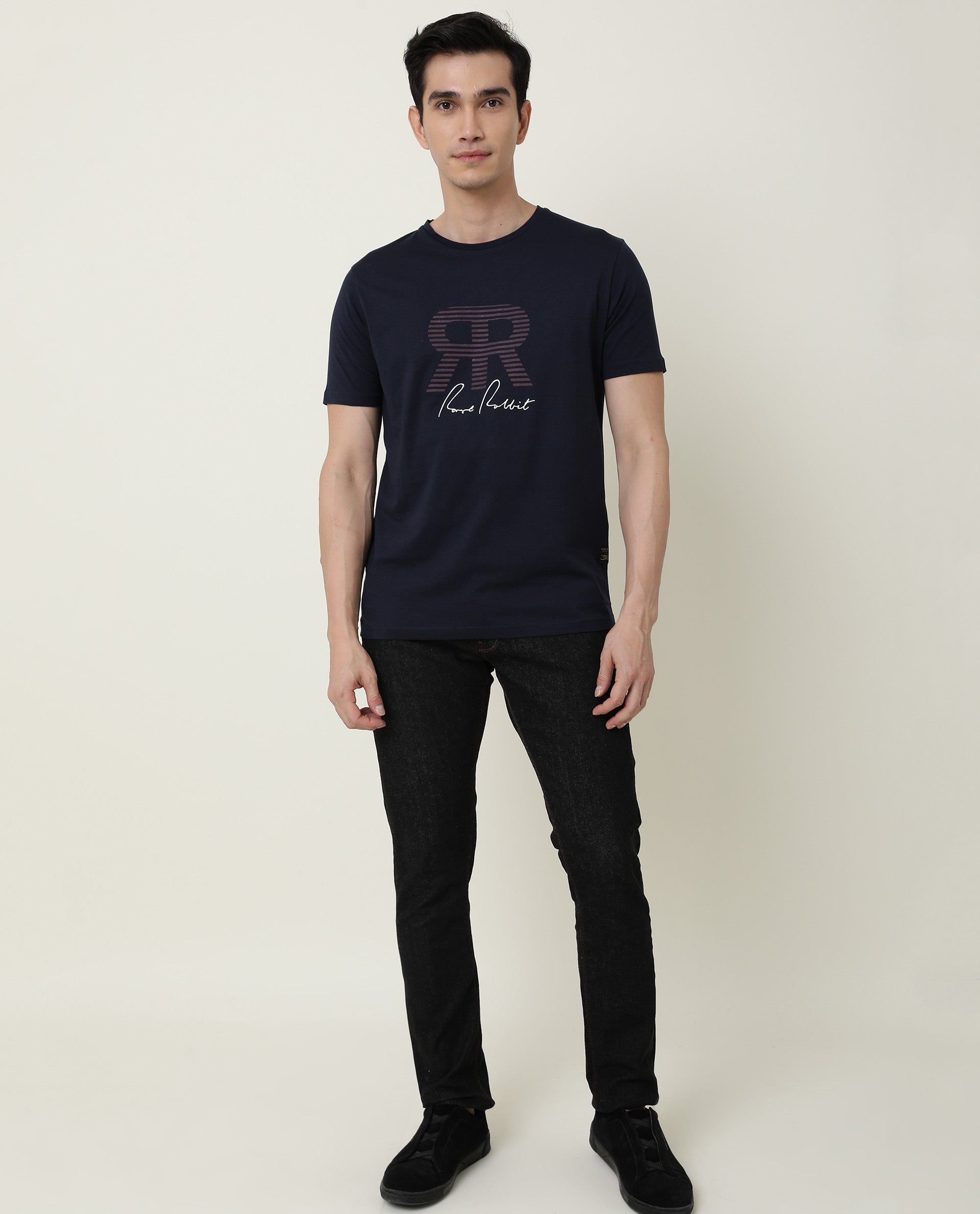 Rare Rabbit Mens Near Navy T-shirt Cotton Fabric Slim Fit Crew Neck Short Sleeve Graphic Print - view 12