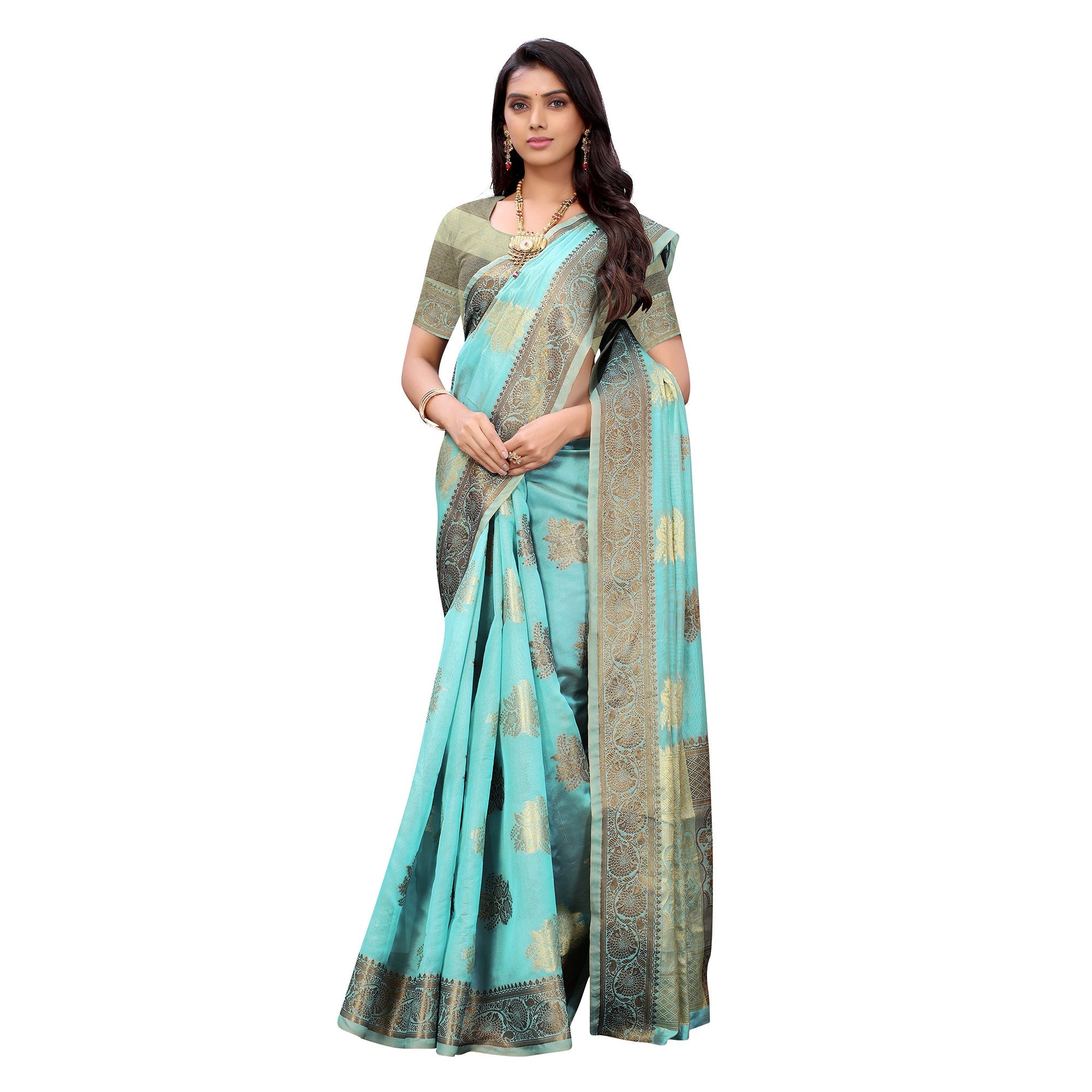 Peachmode Firozi Festive Wear Floral Woven Silk Saree - view 4