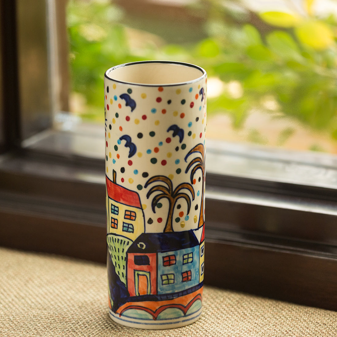 EXCLUSIVELANE 'The Hut Straight' Handpainted Ceramic Vase (8 Inch)