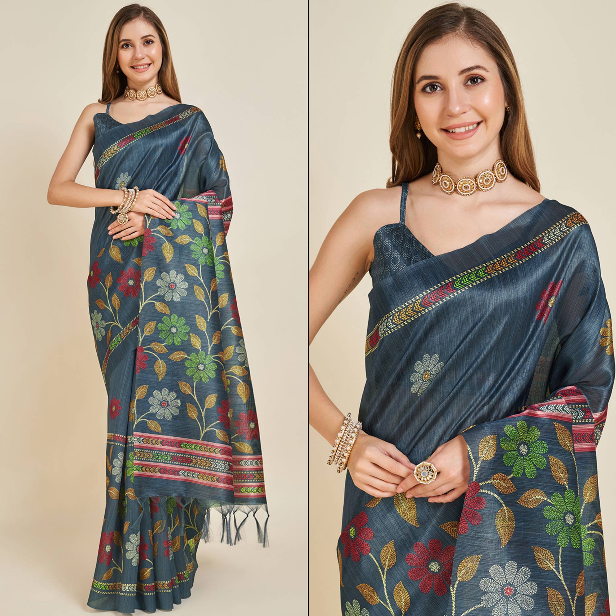 Peachmode Bluish Grey Digital Printed Bhagalpuri Silk Saree With Tassels