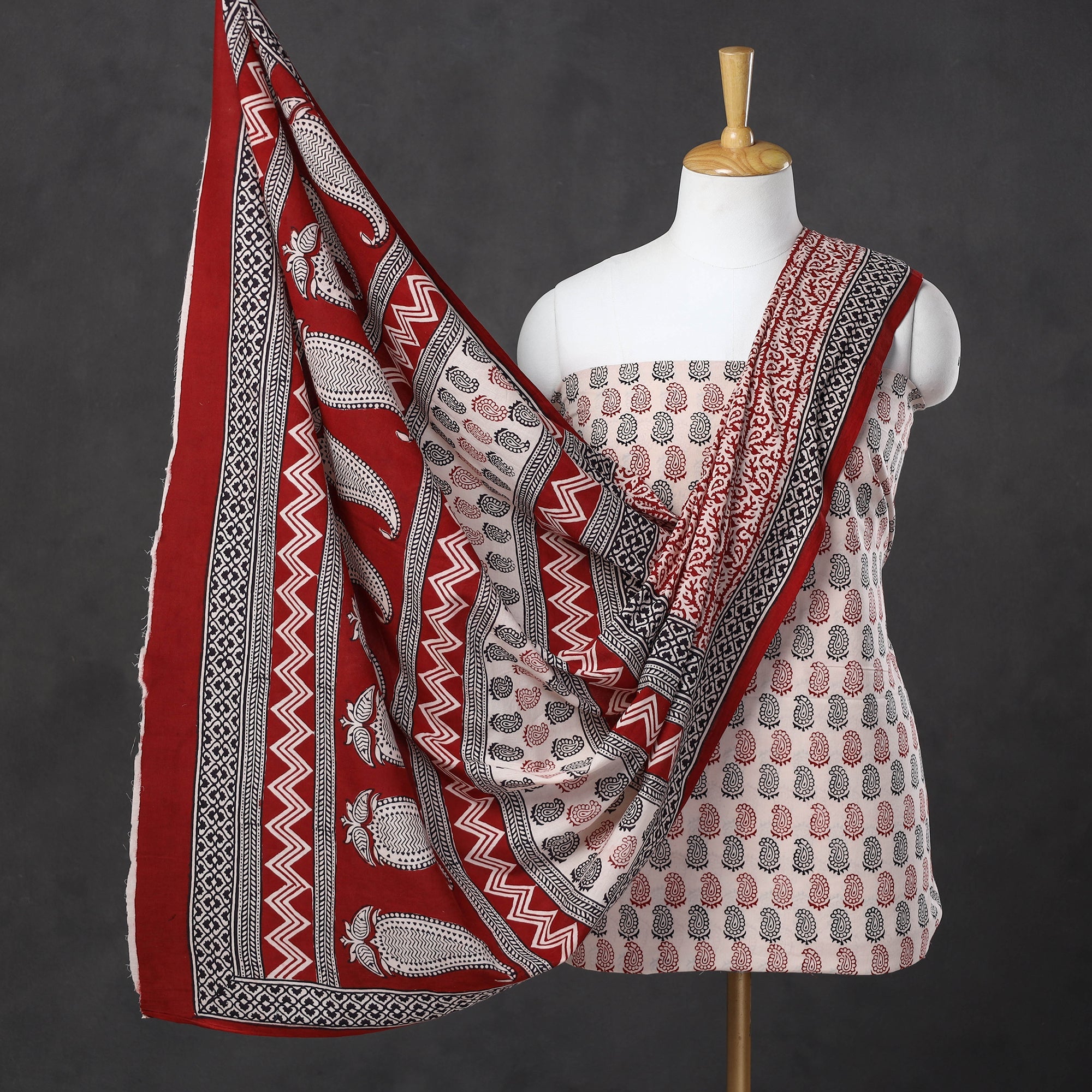 BAGH PRINTS BY UMAR FARUK KHATRI Beige - 3pc Bagh Print Cotton Dress Material Set 99
