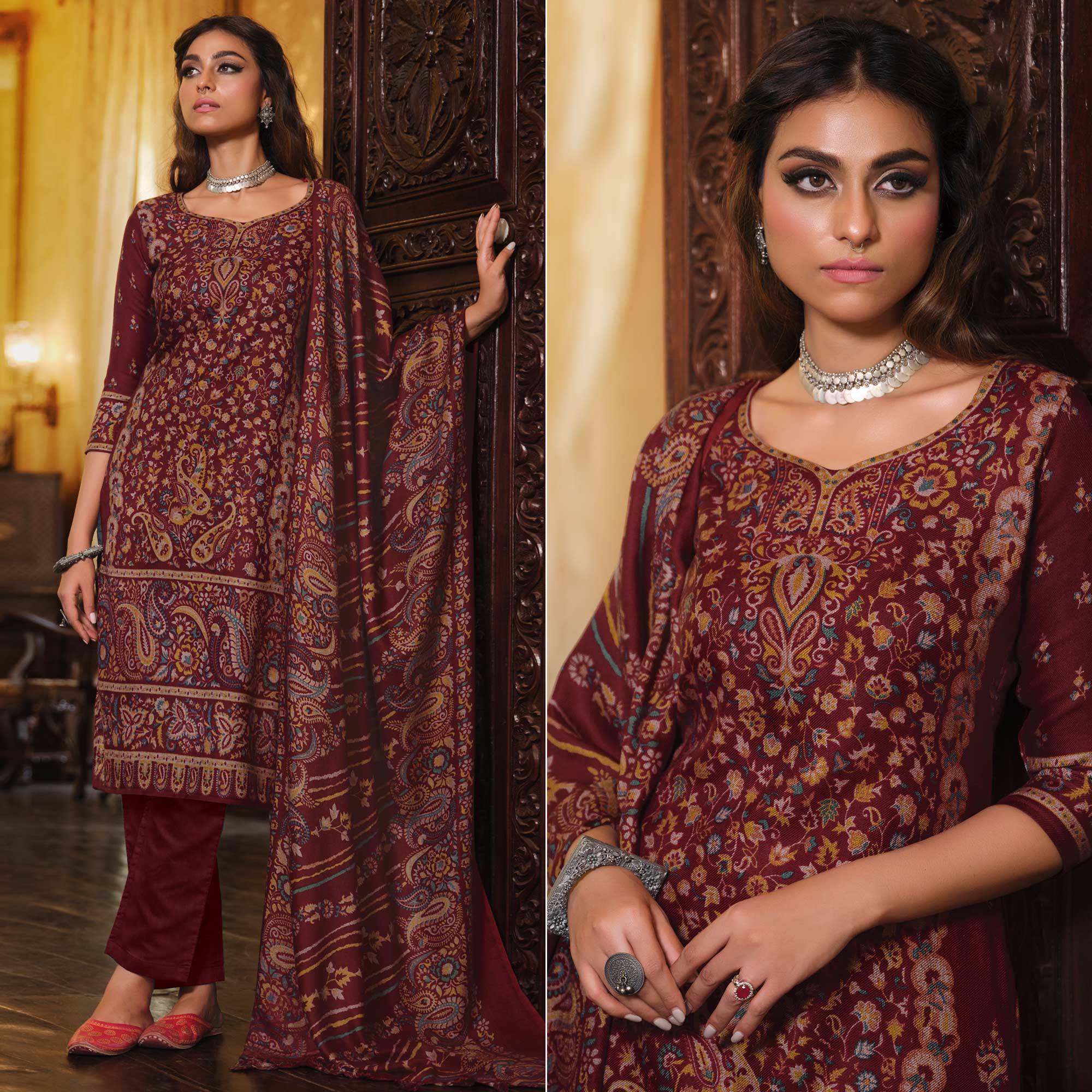 Peachmode Maroon Digital Printed Pashmina Woolen Suit