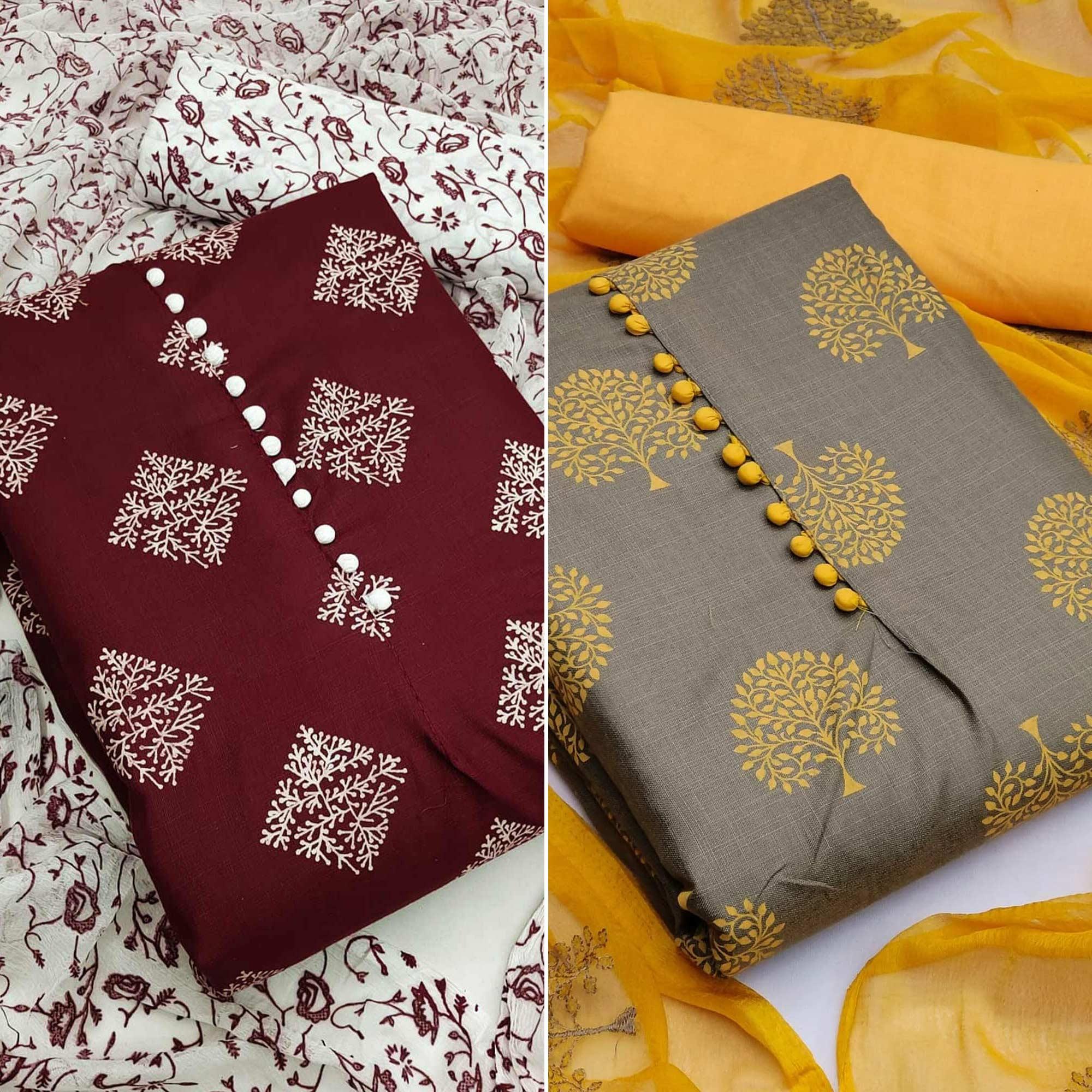 Peachmode Maroon And Grey Dress Material Pack Of 2