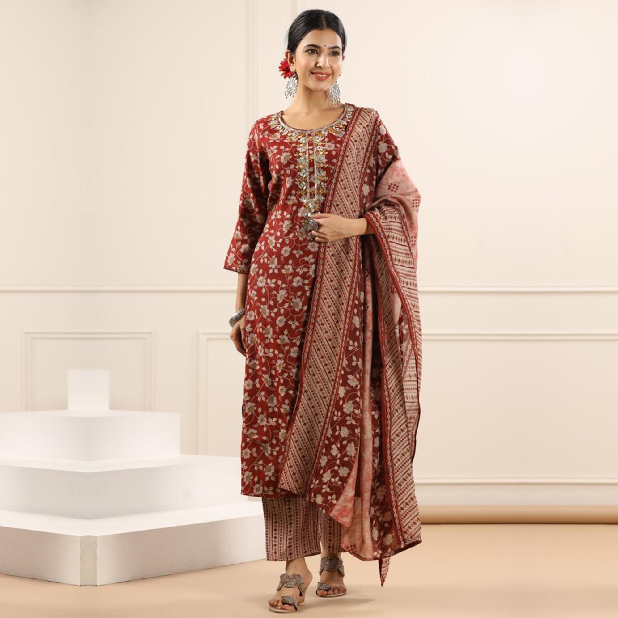 Peachmode Maroon Jaipuri Printed Chanderi Salwar Suit - view 2
