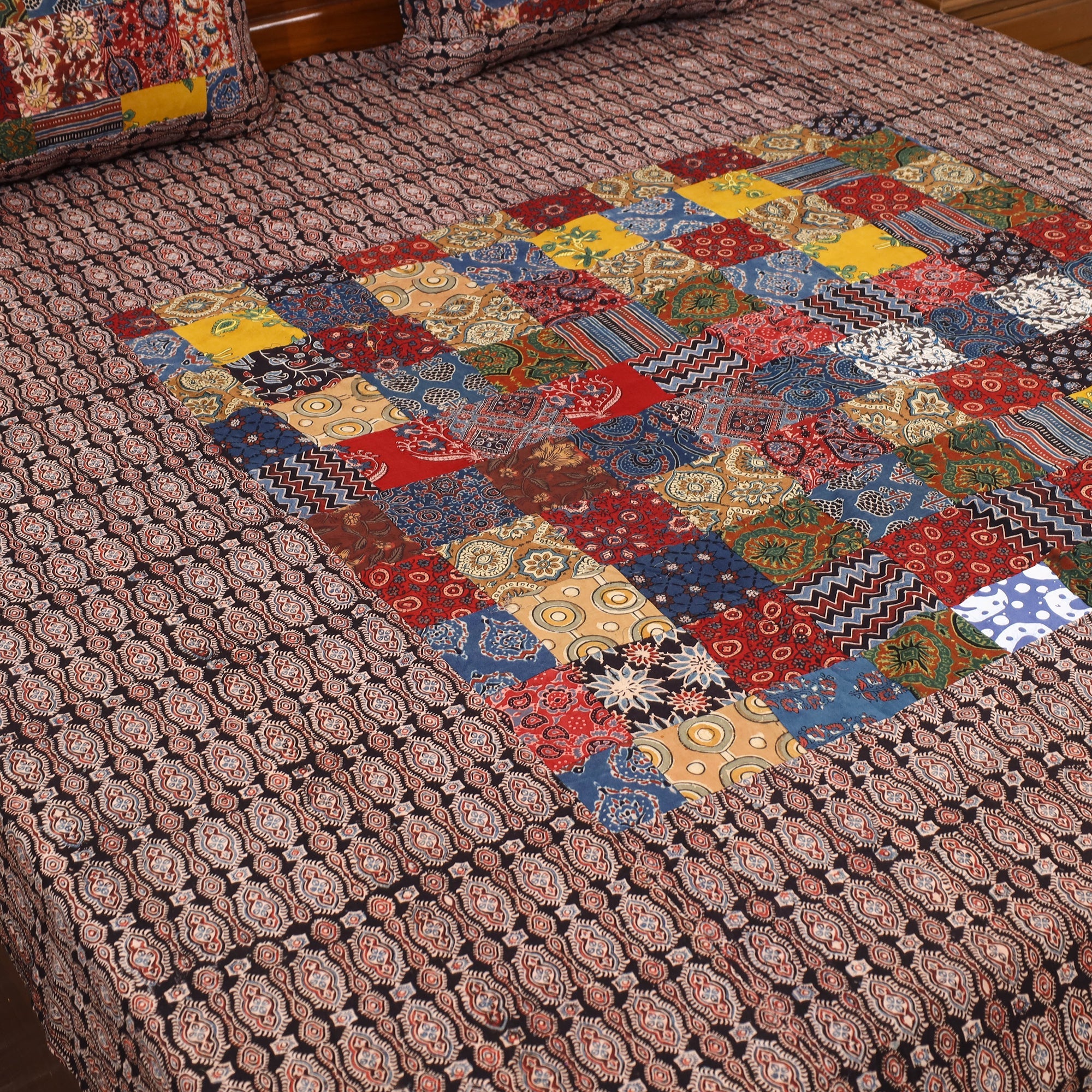 NOORI BAZAR Brown - Patchwork Block Print Ajrakh Cotton Double Bed Sheet Set 07 - view 2