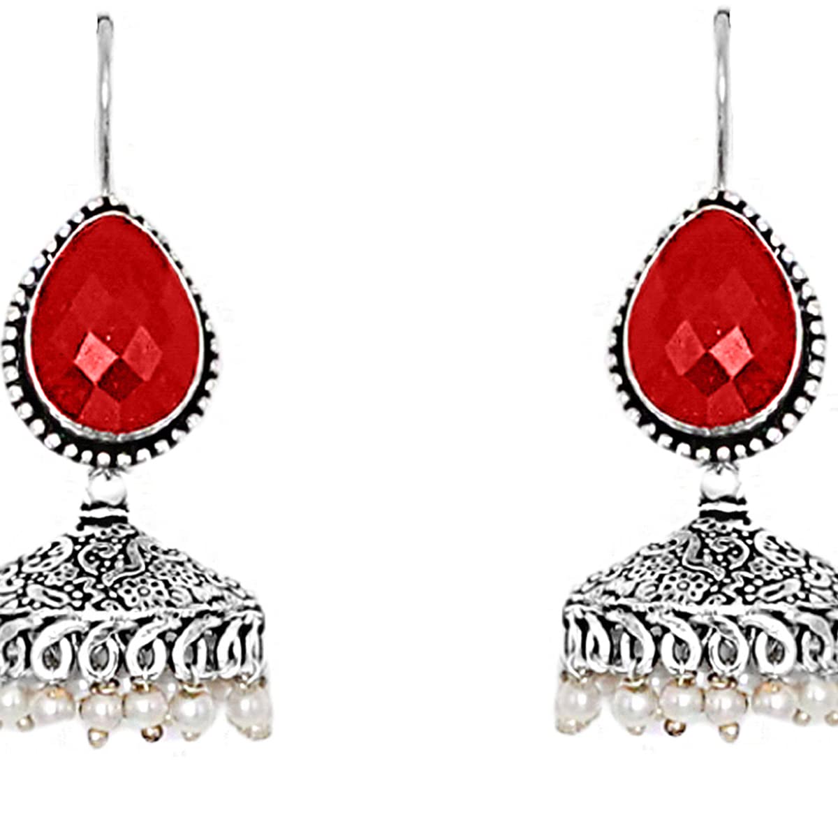 Teejh Sahasra Red Stone Silver Oxidised Earrings For Women - view 4
