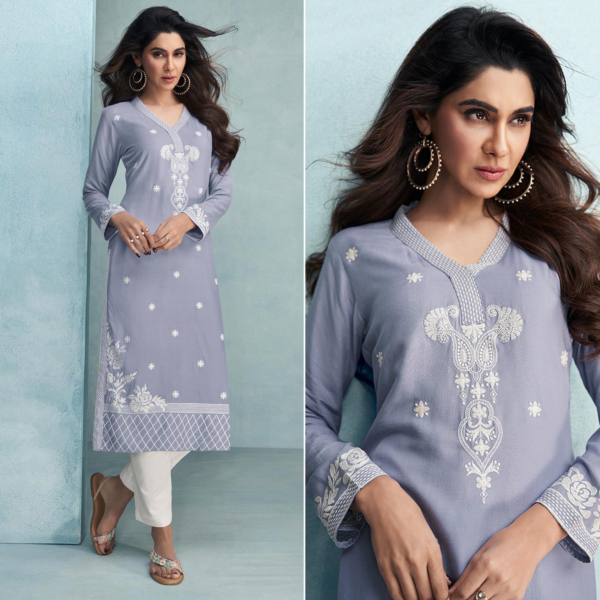 Peachmode Lavender Lucknowi Embroidered Rayon Kurti