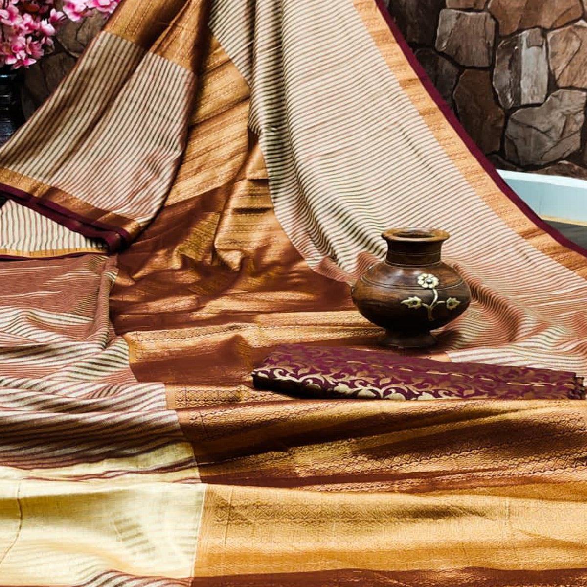 Peachmode Chikoo Festive Wear Woven Heavy Rich Cotton Silk Saree - view 2