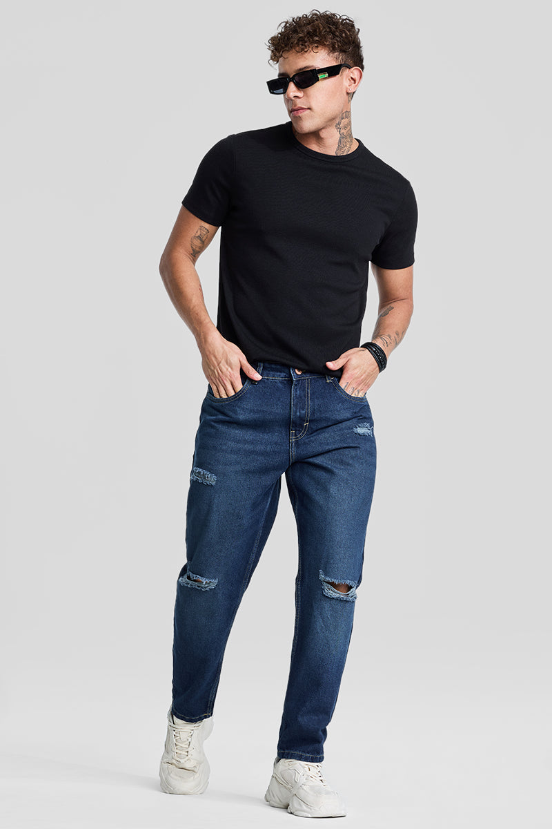 SNITCH Navy Distressed Baggy Fit Jeans - view 3