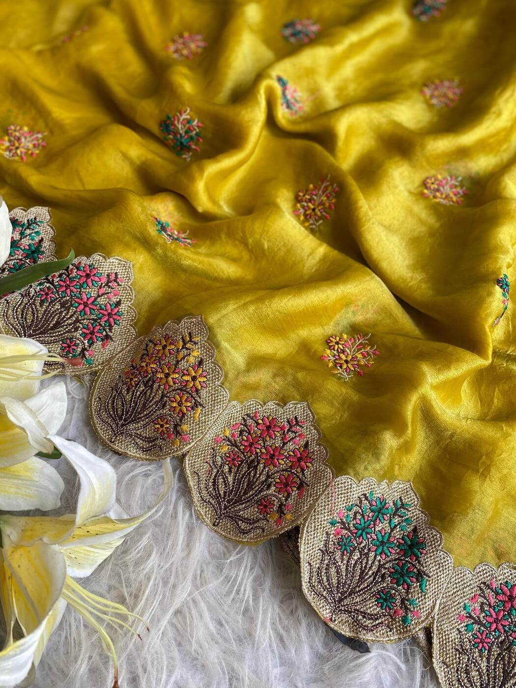 Tasrika Opulent Yellow Embroidery Work Fendy Silk Saree With Innovative Blouse Piece - view 3