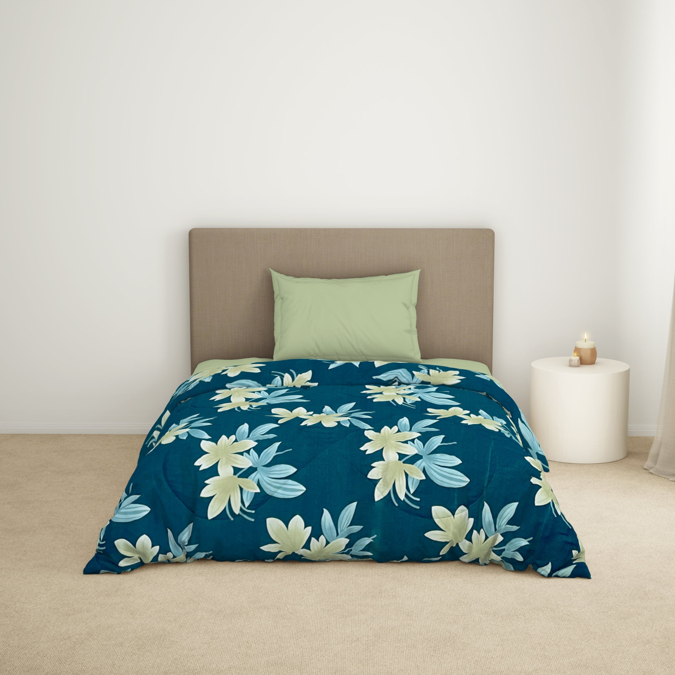 Spaces India Floral Dark Blue Microfiber Shell Single Quilt / AC Comforter - Bliss By Welspun